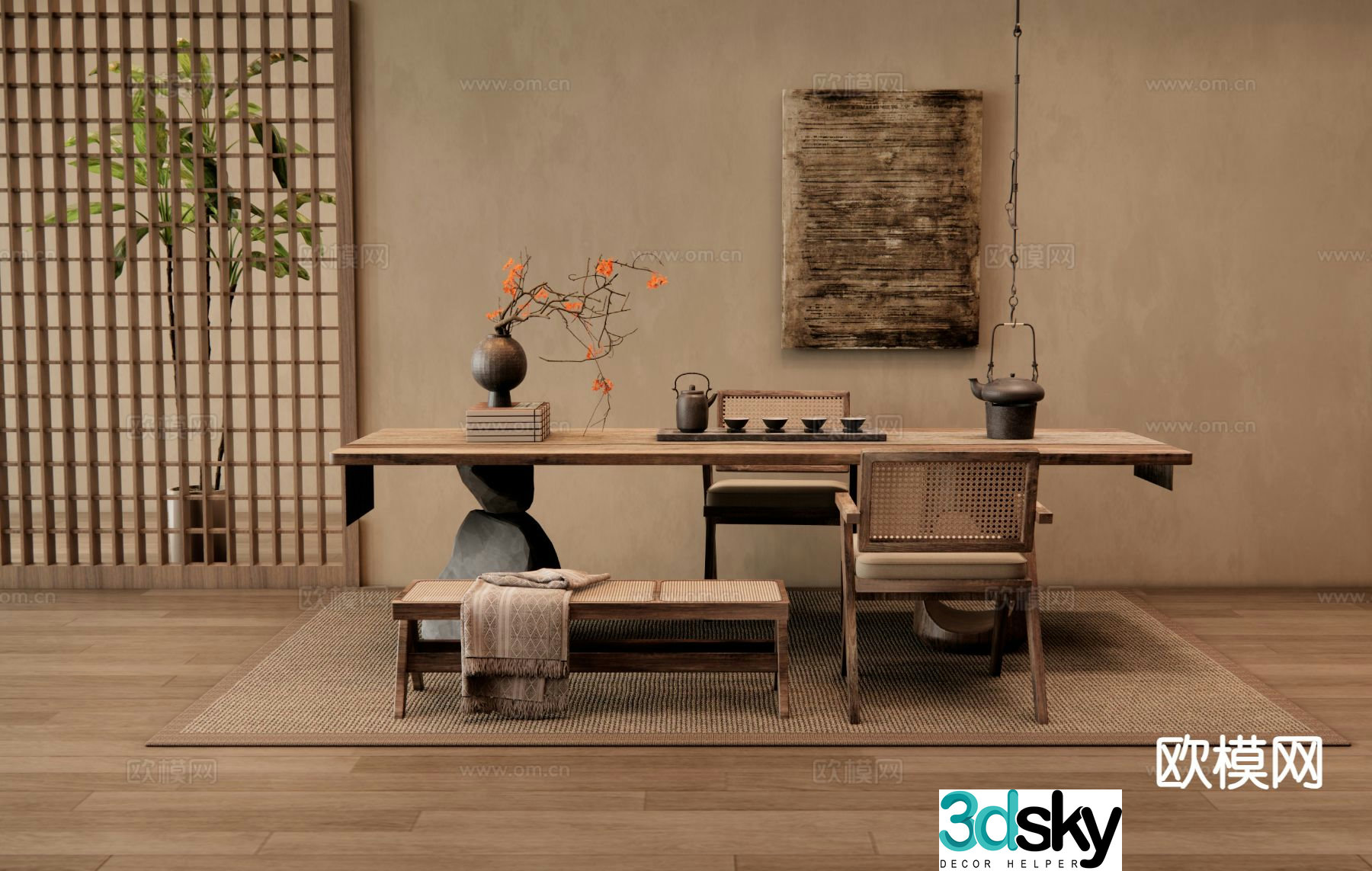 Wabi-sabi tea table and chair 3d model