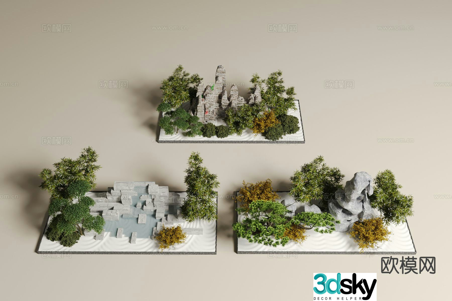 Rockery waterscape stacked stone waterfall plant landscaping 3D model