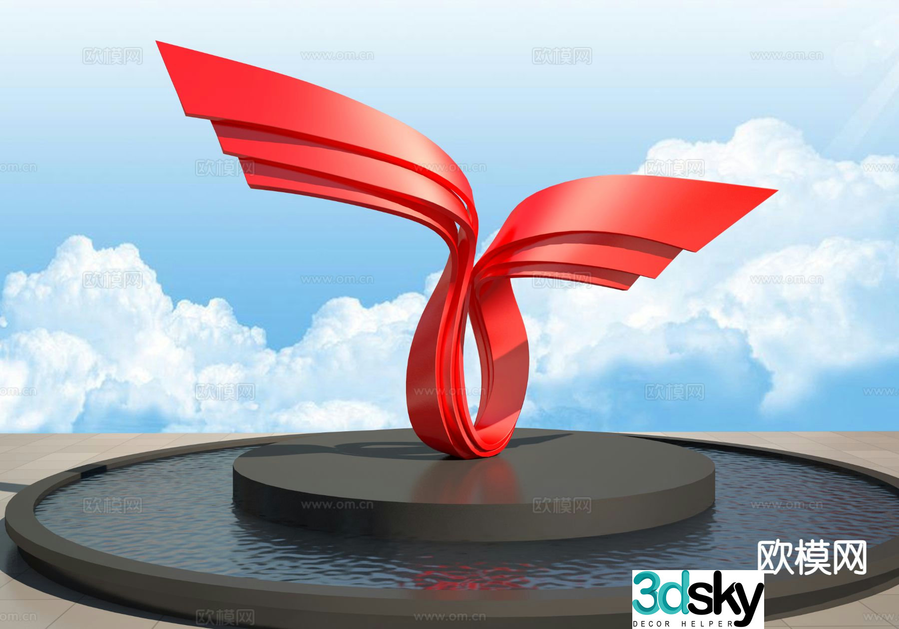 Red ribbon sculpture urban sculpture 3d model