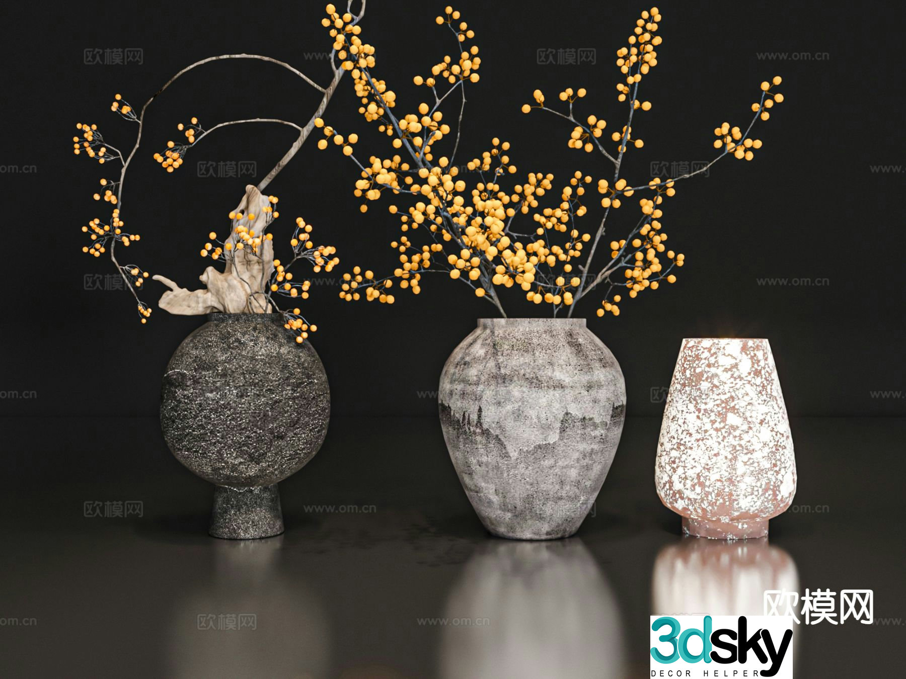 wabi-sabi clay pot vase floral arrangement flower arrangement 3d model