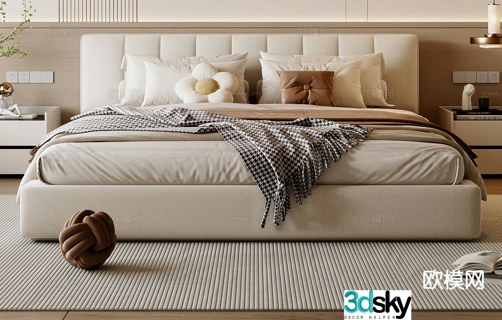 Cream style double bed 3d model