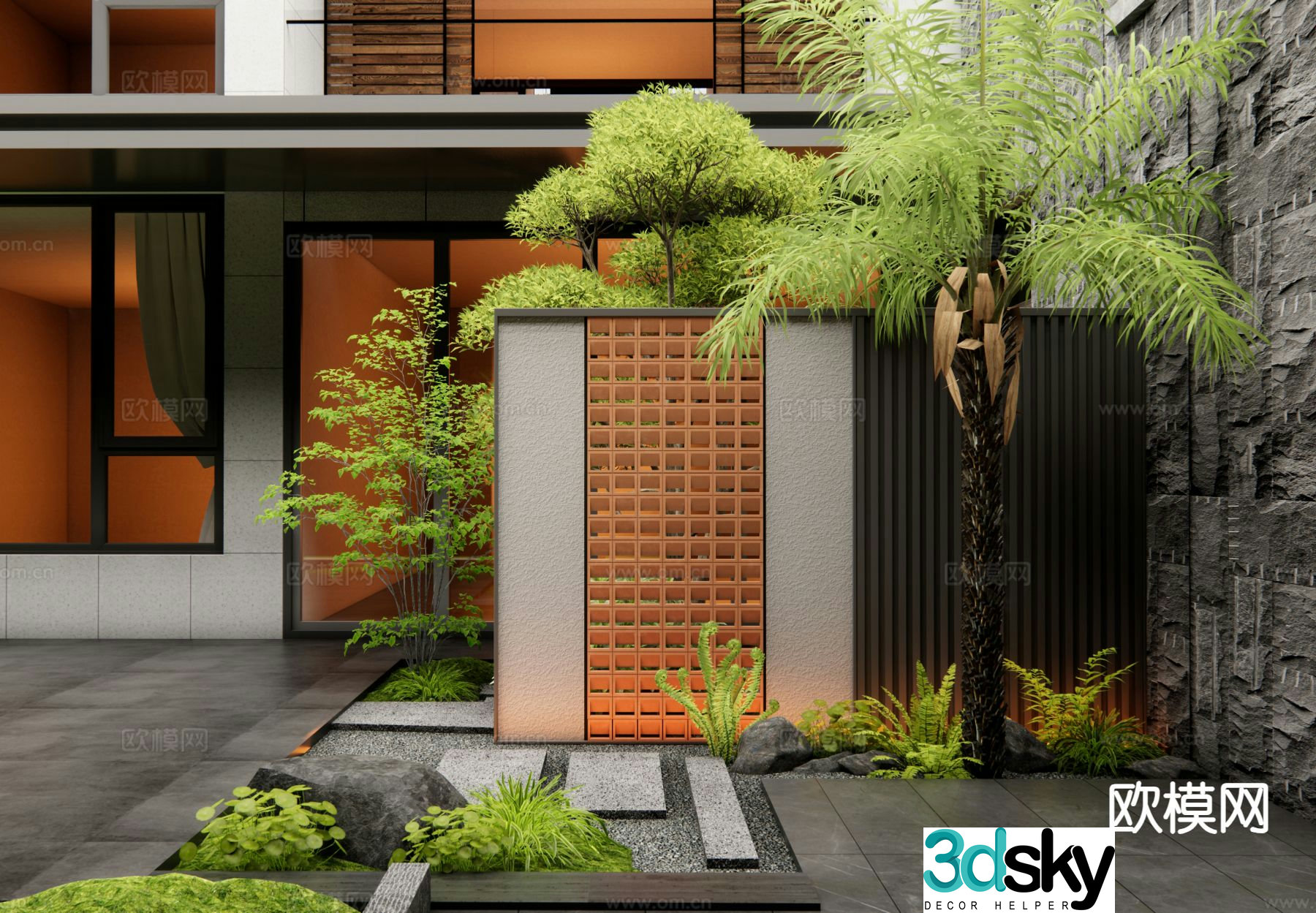 Modern courtyard landscape wall hollow partition landscape wall 3D model
