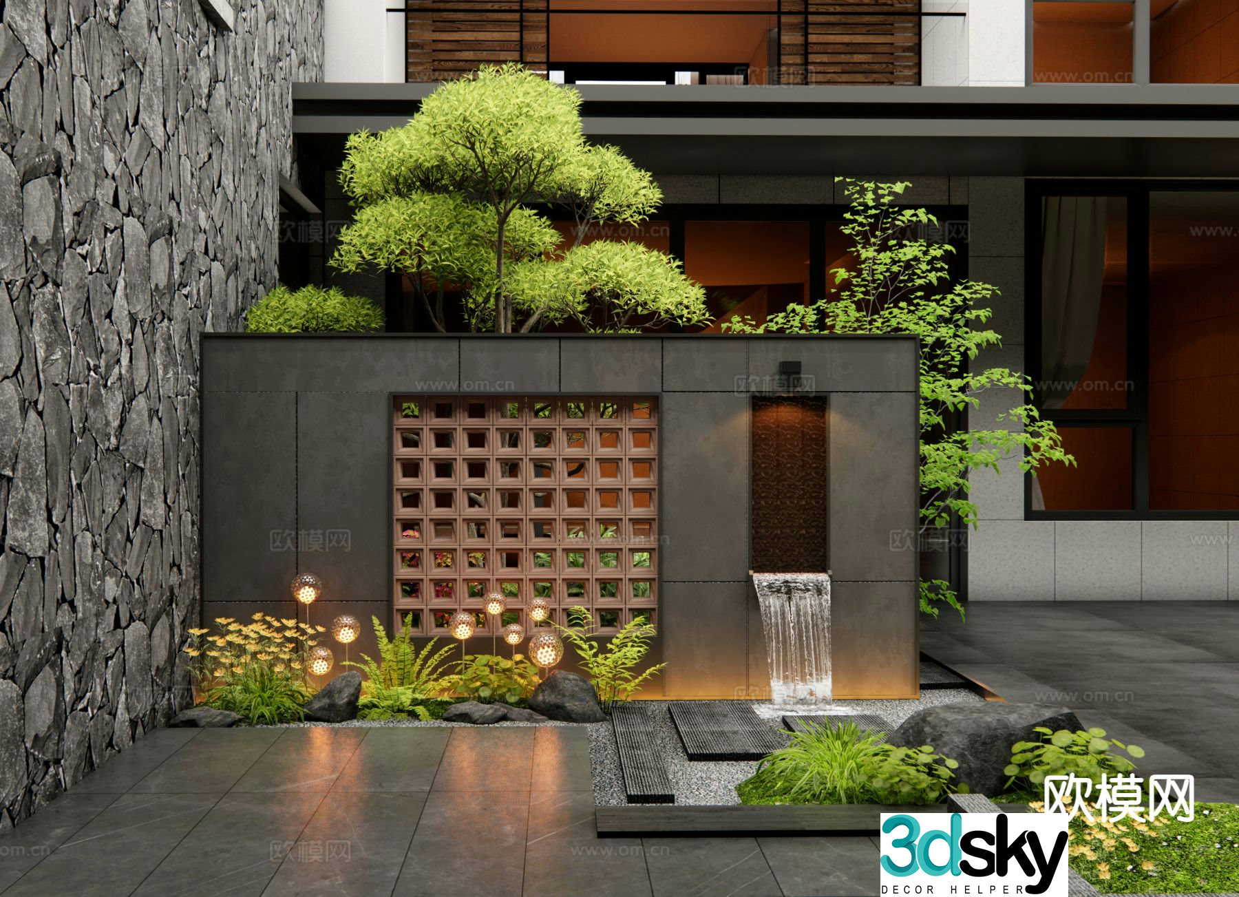 New Chinese style courtyard landscape wall hollow brick landscape wall flowing water landscape wall 3D model
