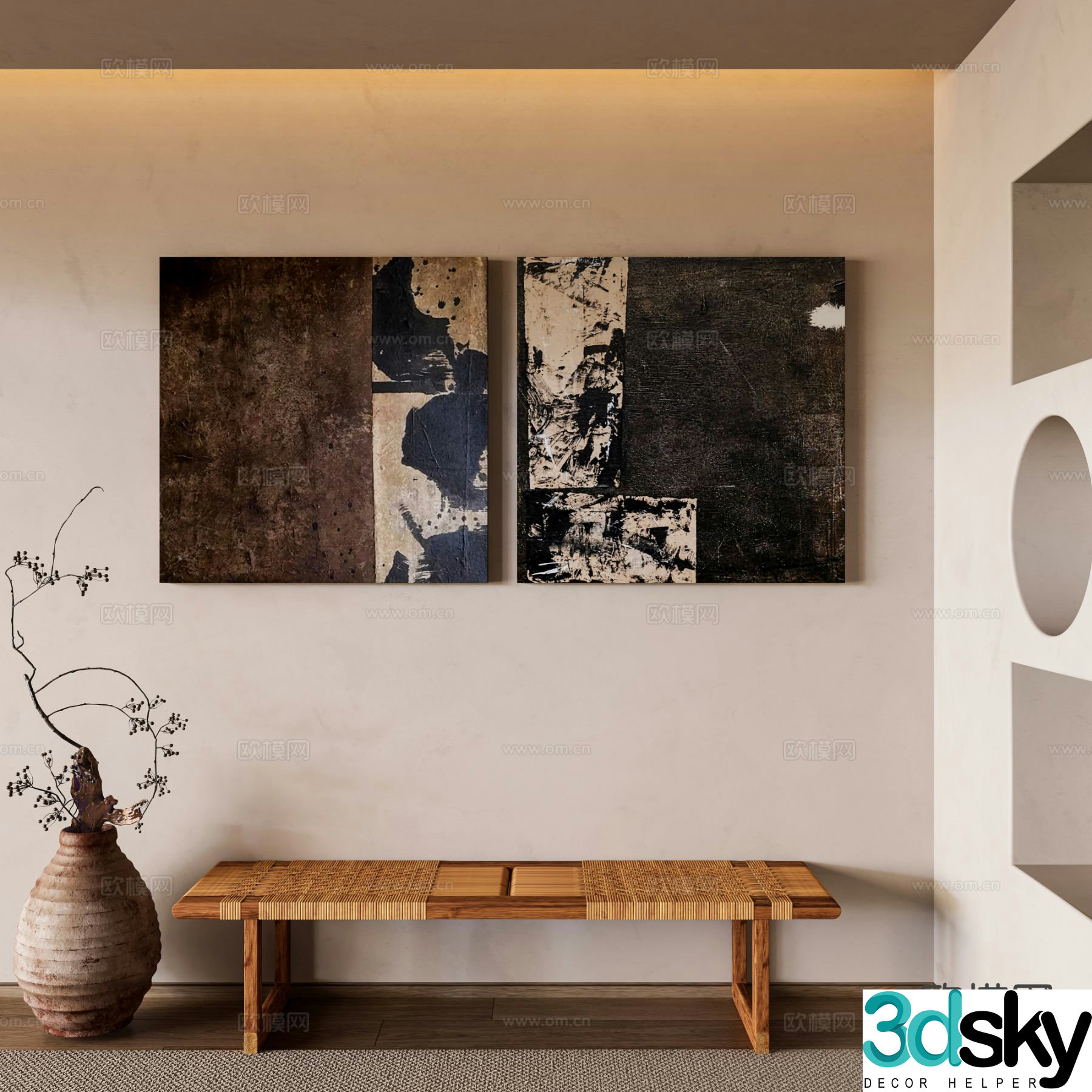 Wabi-sabi style frameless painting decorative painting bench 3d model
