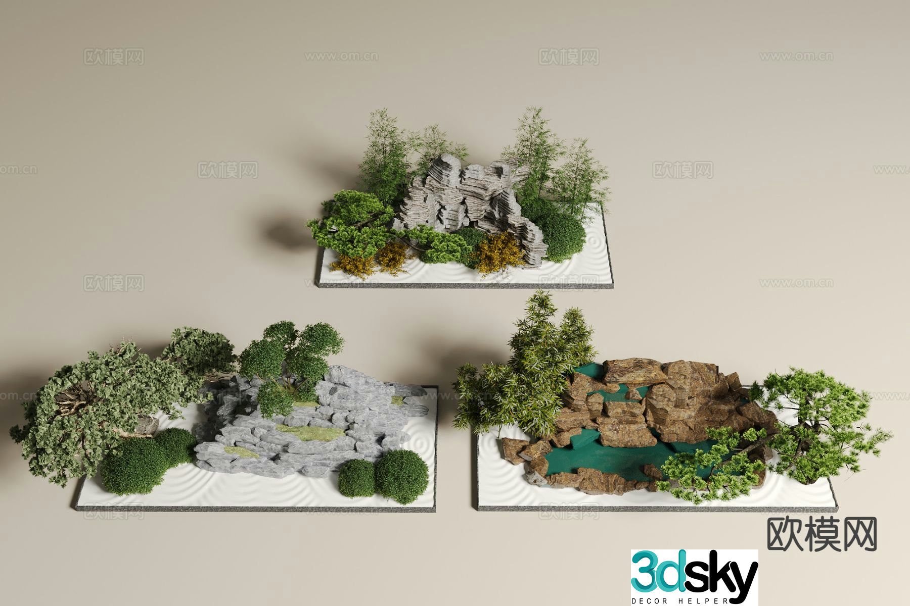 Rockery waterscape stacked stone waterfall plant landscaping 3D model