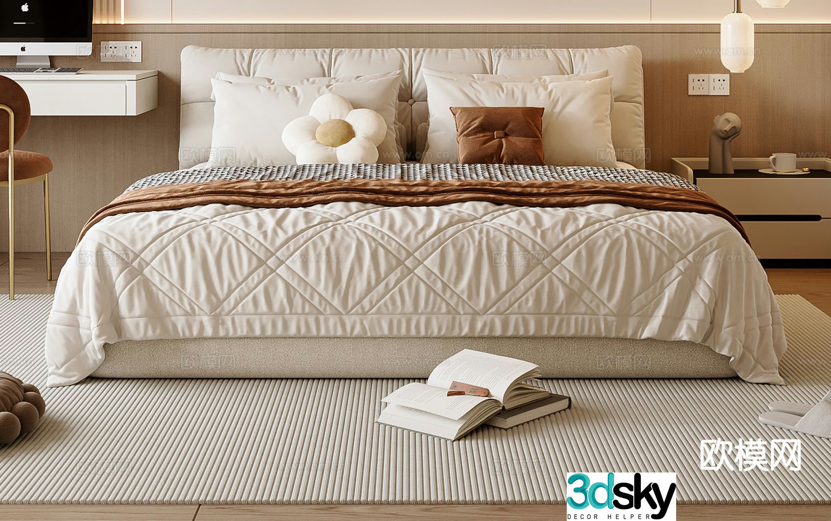 Cream style double bed 3d model