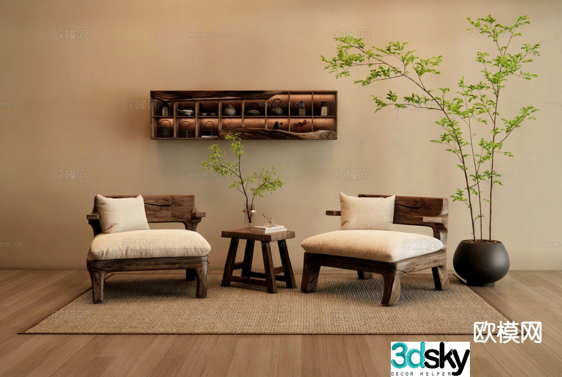Wabi-sabi style leisure chair wooden chair 3d model