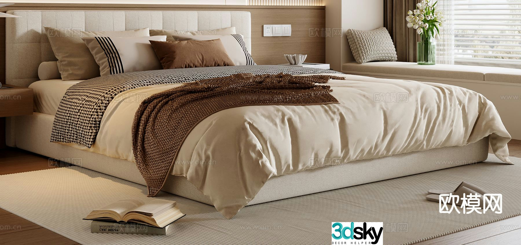 Cream style double bed 3d model