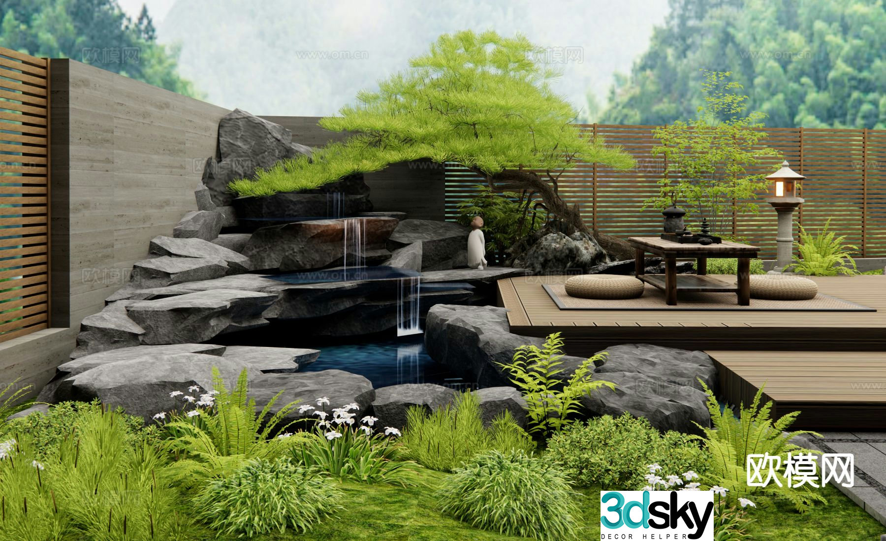 New Chinese style rockery waterscape falling water landscape plant pile 3D model