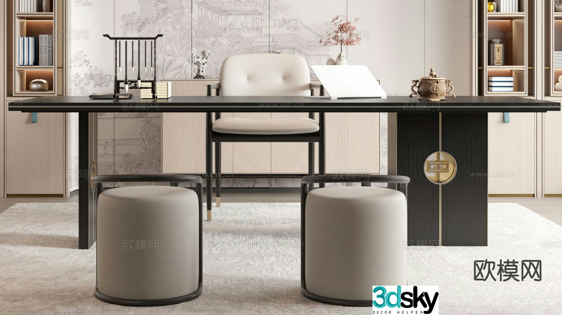 New Chinese style desk and chair 3d model
