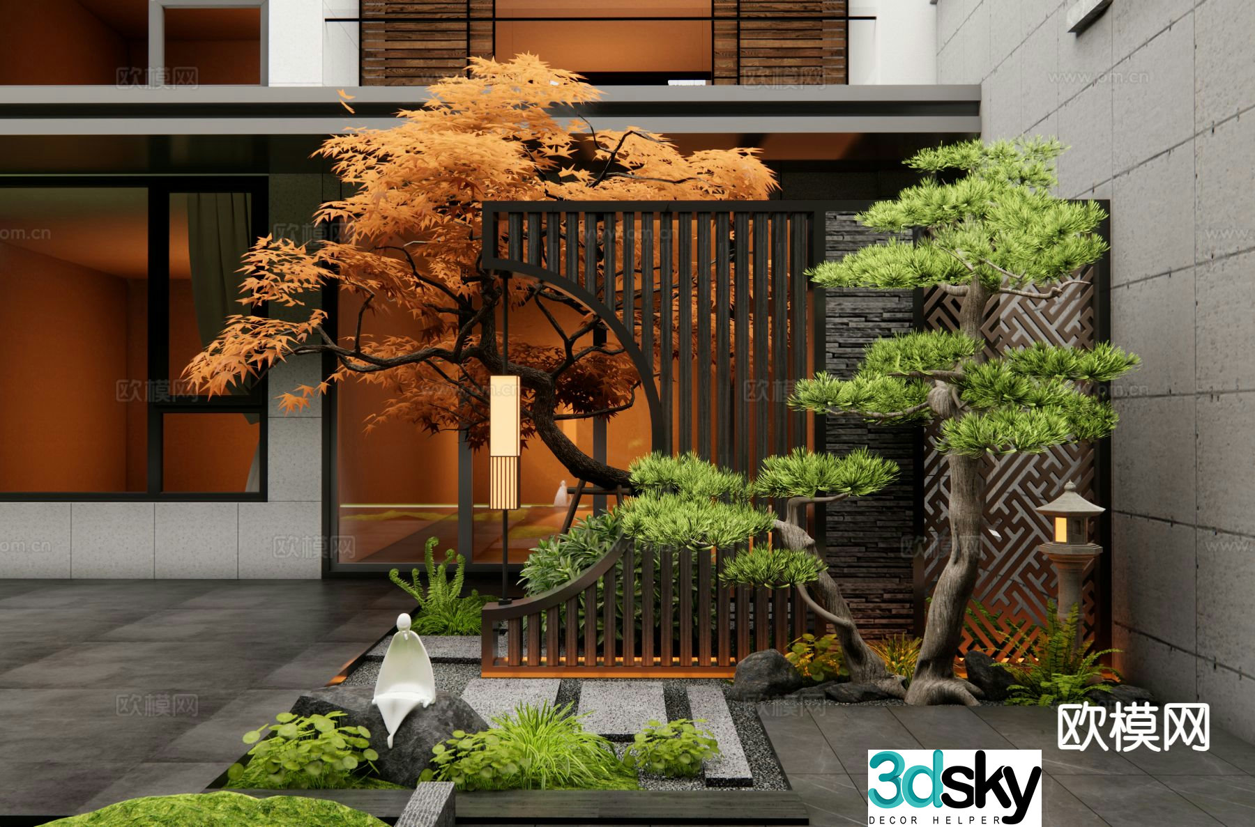 New Chinese style courtyard landscape wall entrance landscape wall red maple 3D model