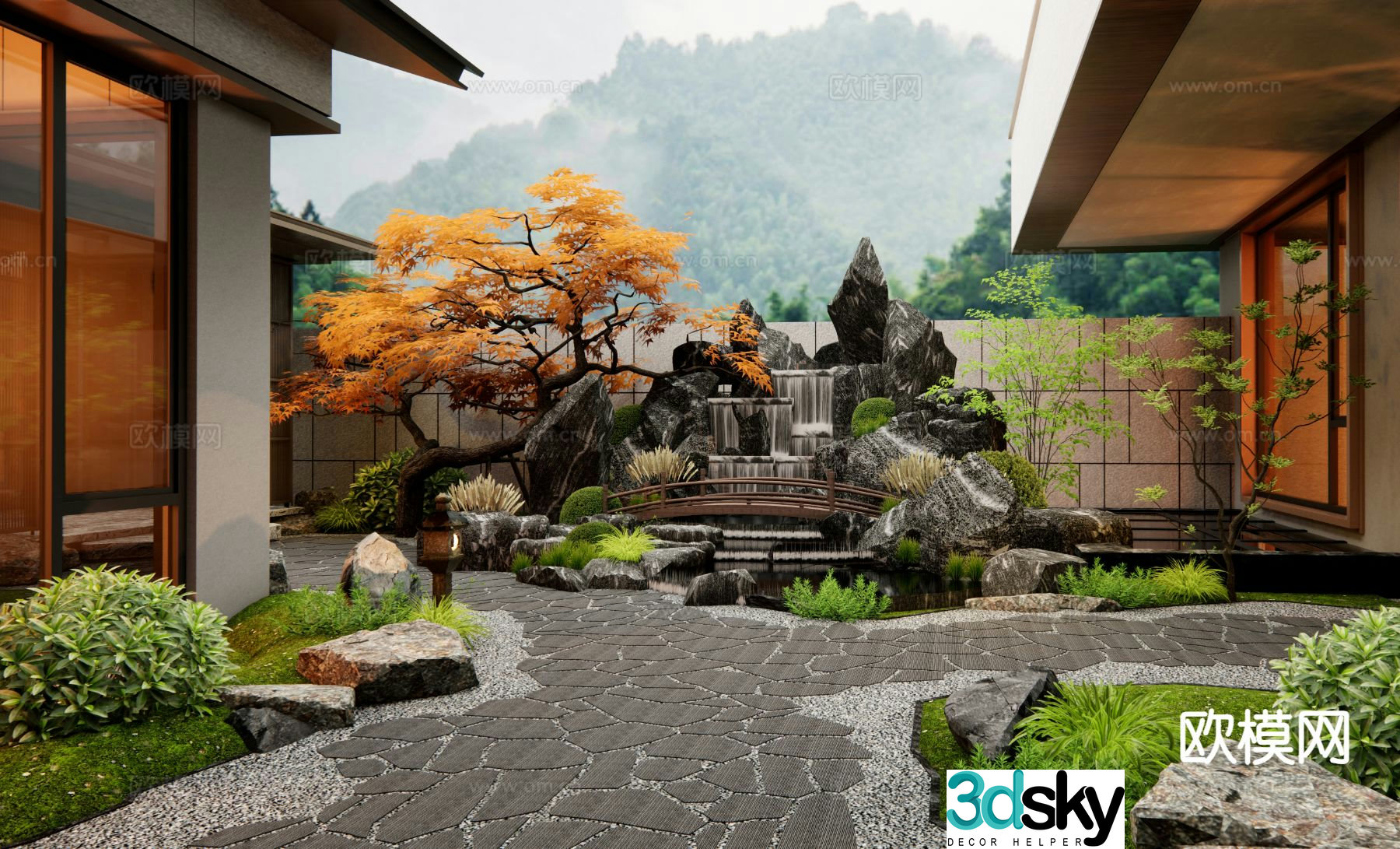 New Chinese style courtyard landscape rockery waterscape 3D model