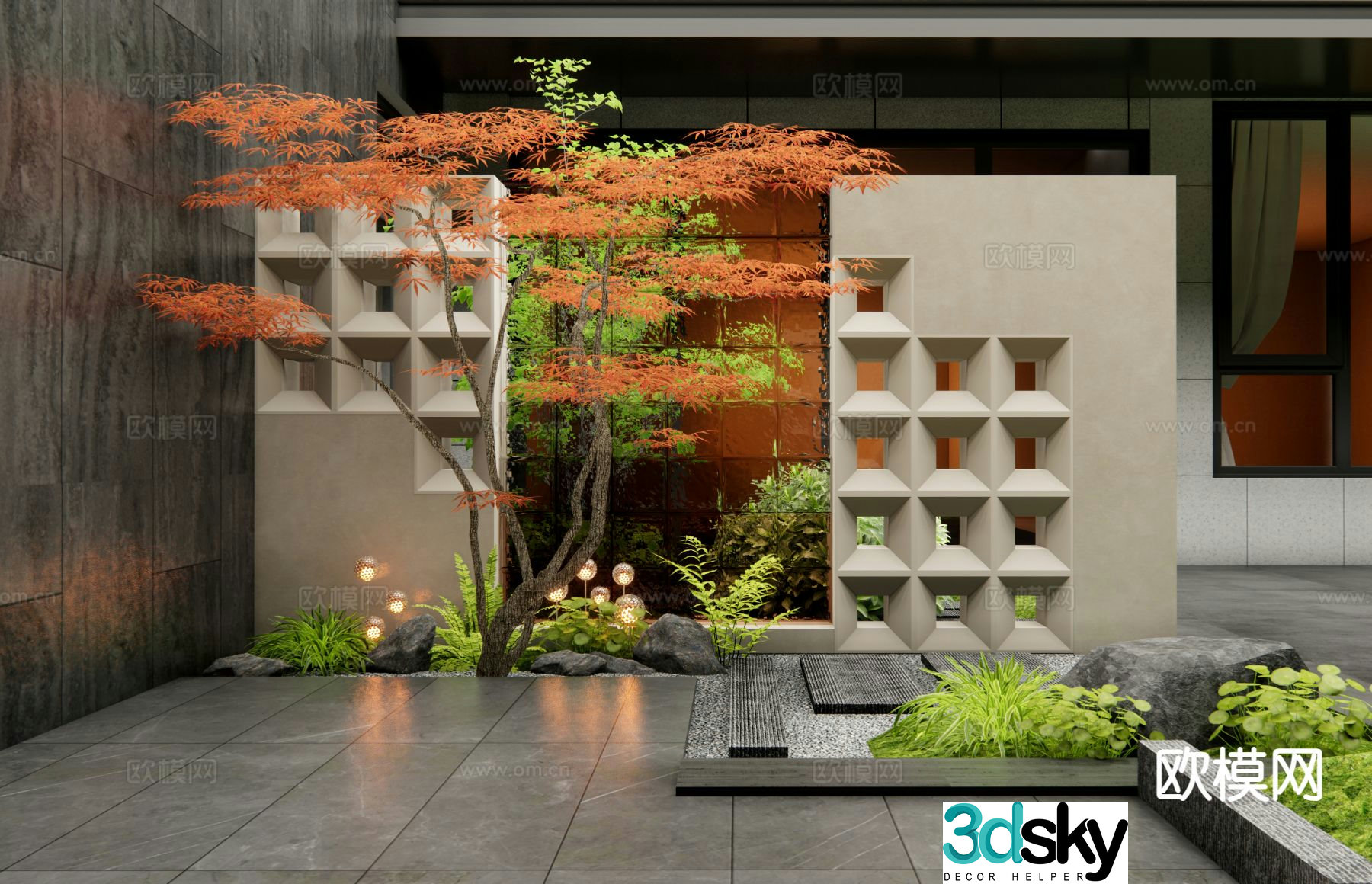 New Chinese style courtyard landscape wall entrance landscape wall red maple 3D model