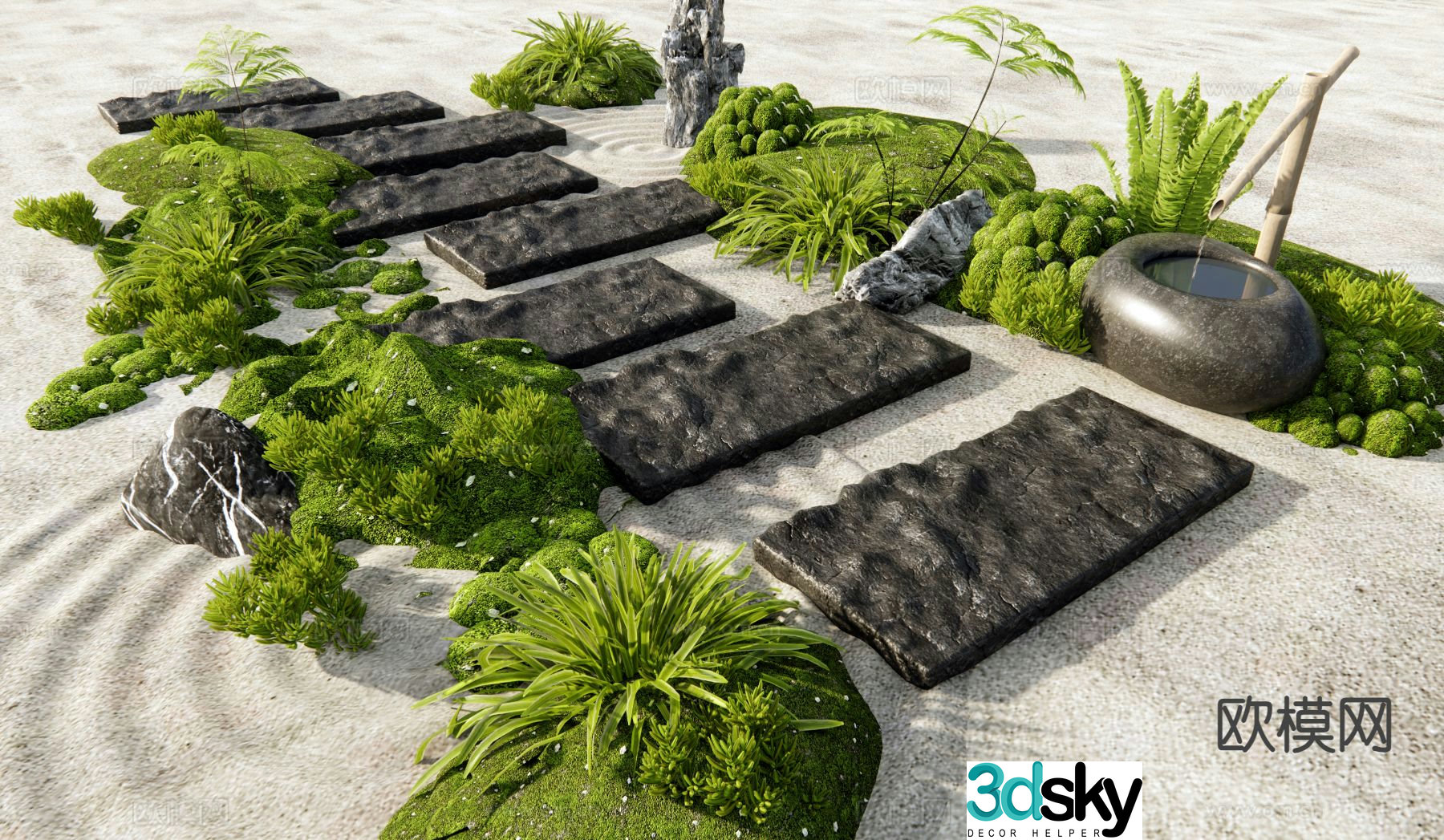 New Chinese style Tingbu skit micro terrain bluestone slab 3D model
