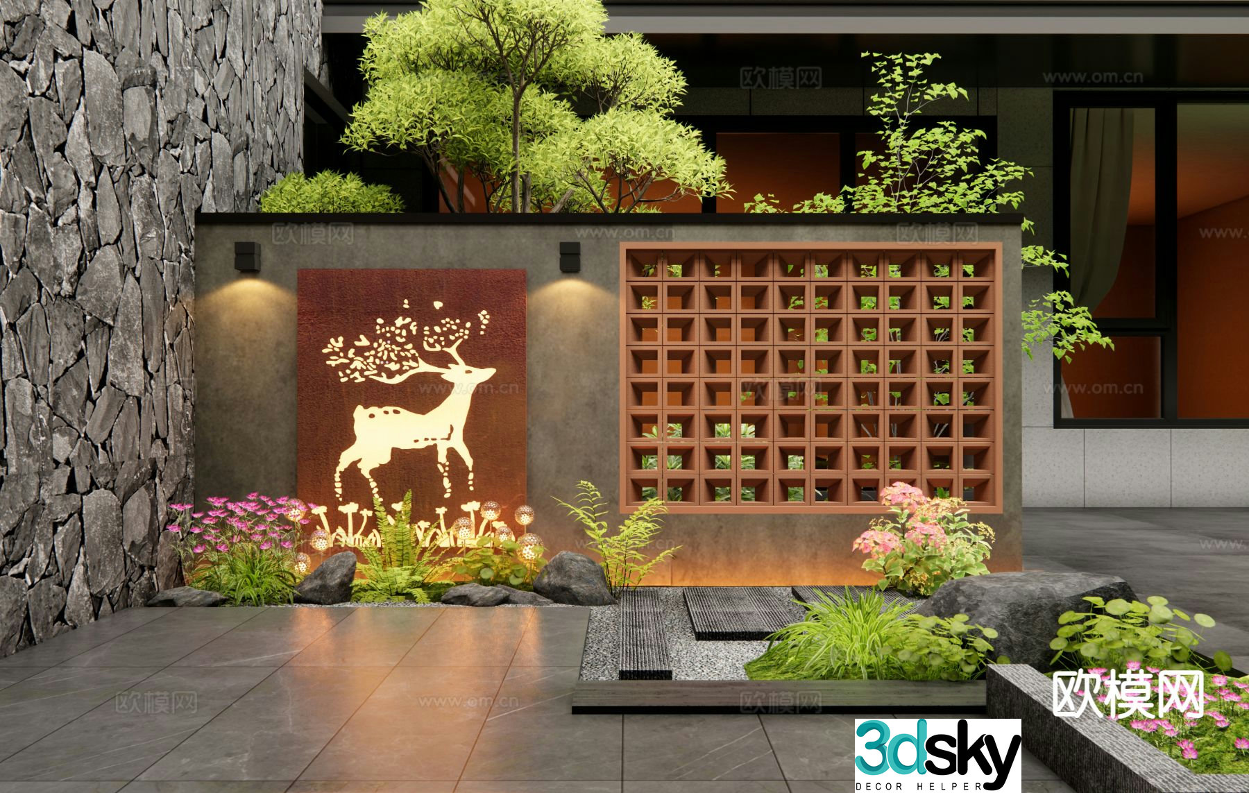 New Chinese style courtyard landscape wall hollow brick landscape wall 3D model