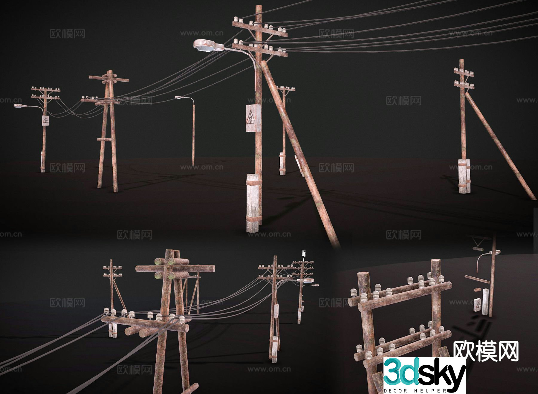 Abandoned telephone pole, street lamp, rusty telephone pole 3d model