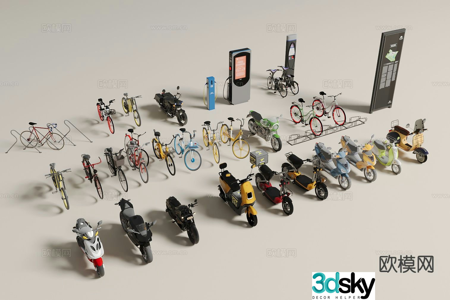 Modern shared bike, takeaway truck, motorcycle 3d model