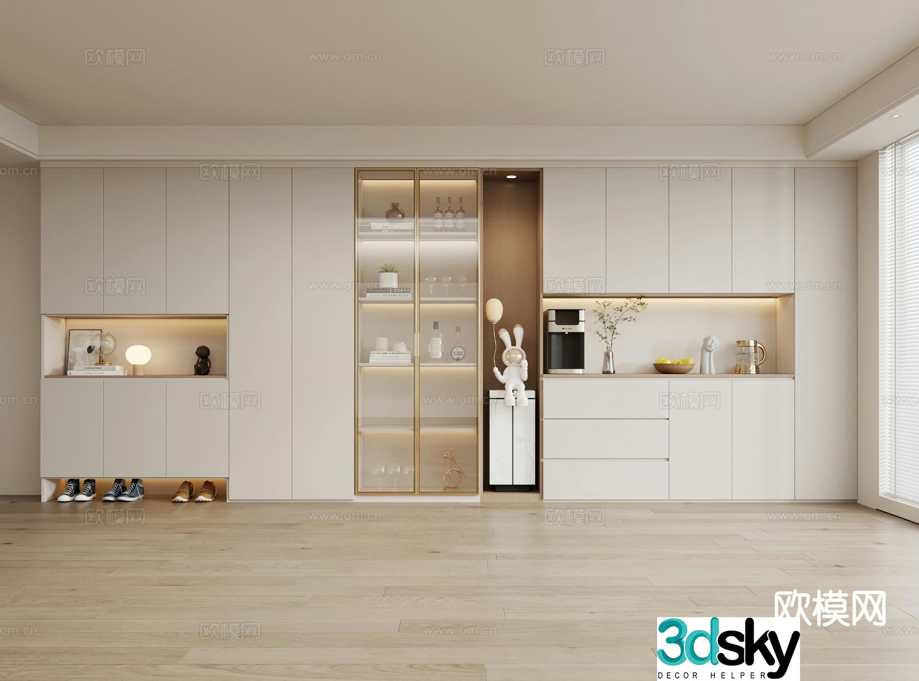 Cream style wine cabinet shoe cabinet integrated cabinet 3D model