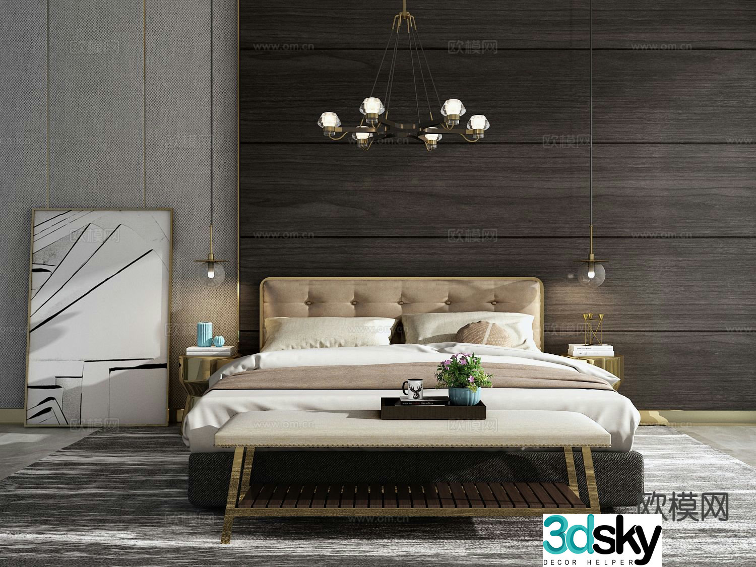 Light luxury double bed 3D model