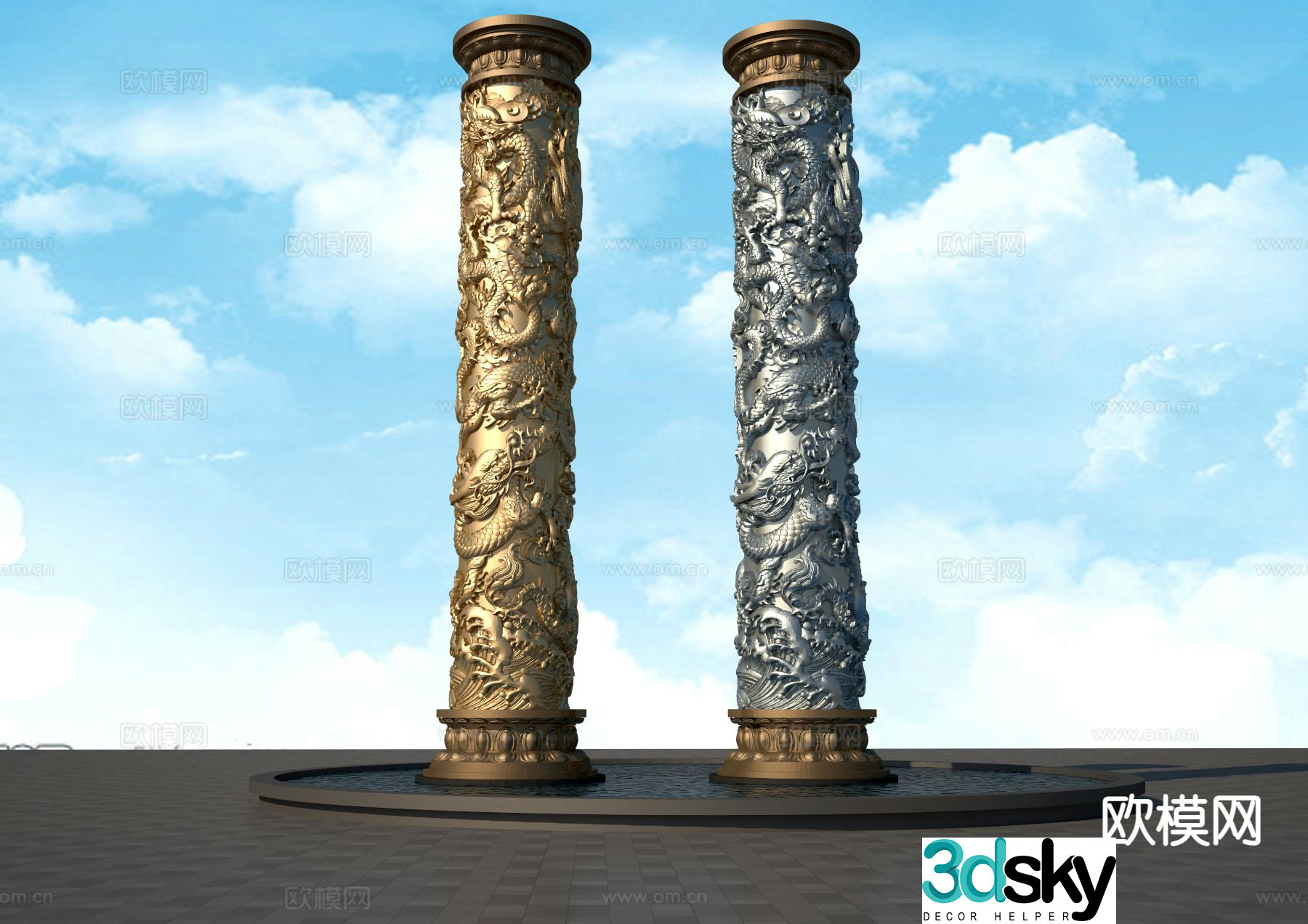 Nine Dragon Column Sculpture Square Sculpture 3D Model