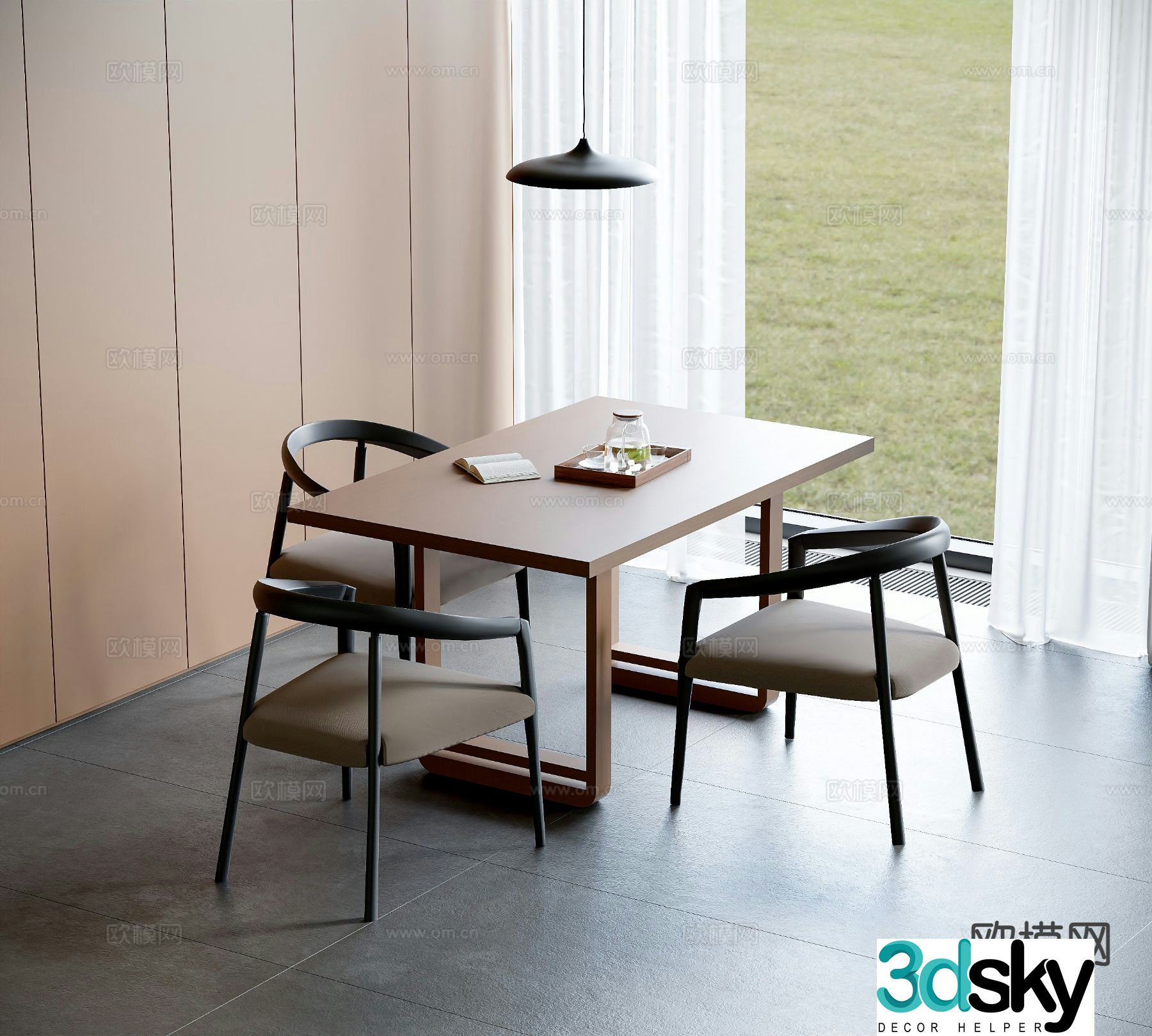 Modern long dining table and chairs 3d model