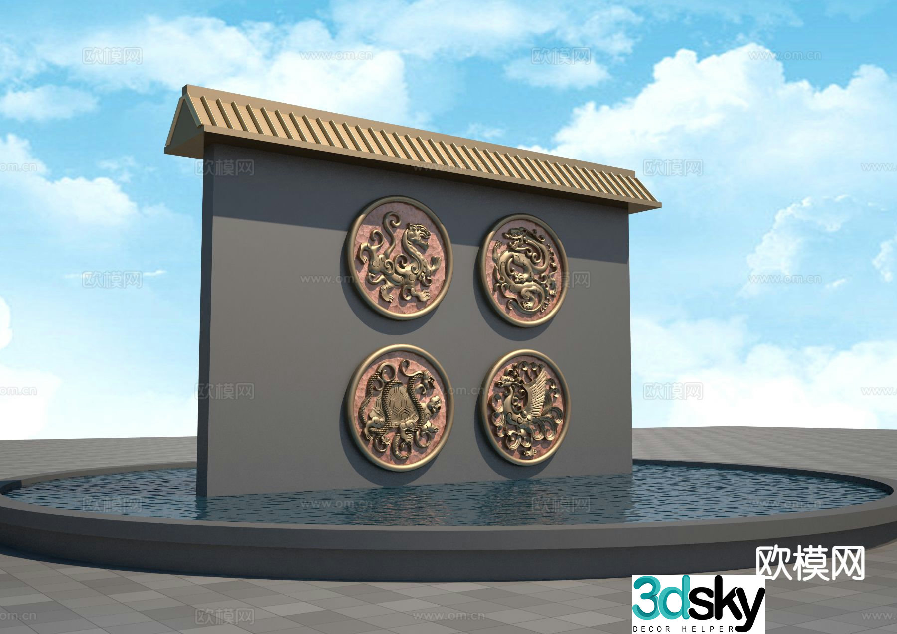 New Chinese style landscape wall 3D model of the four-way mythical beast landscape wall
