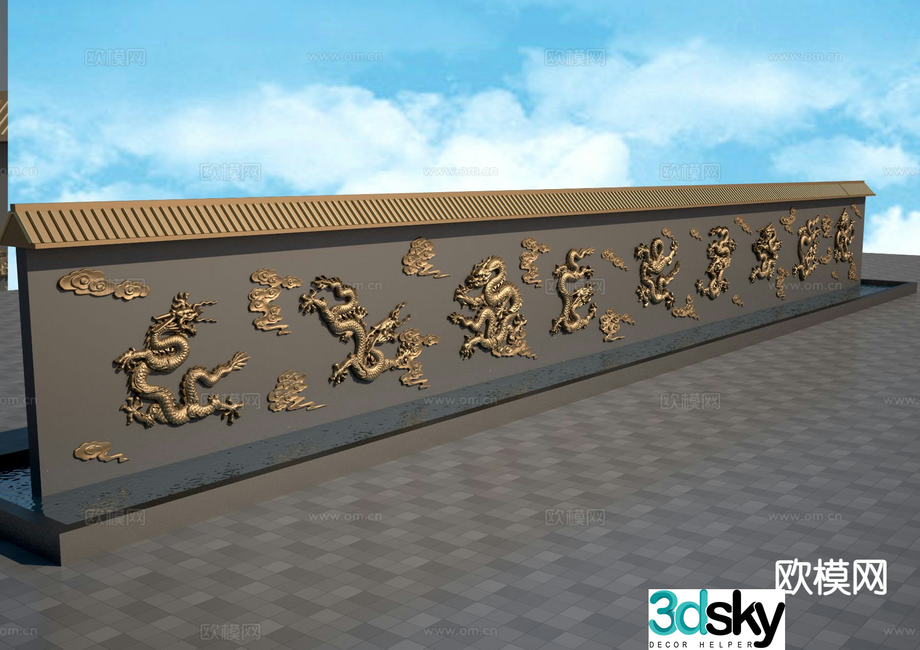 New Chinese style landscape wall Kowloon wall relief wall 3D model
