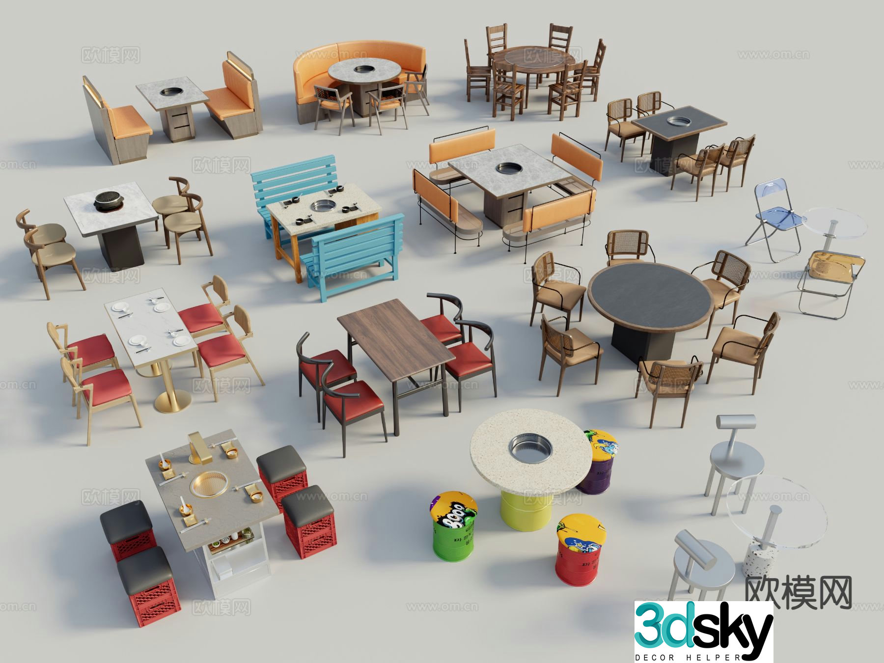 Modern dining table and chairs hot pot table and chairs 3d model