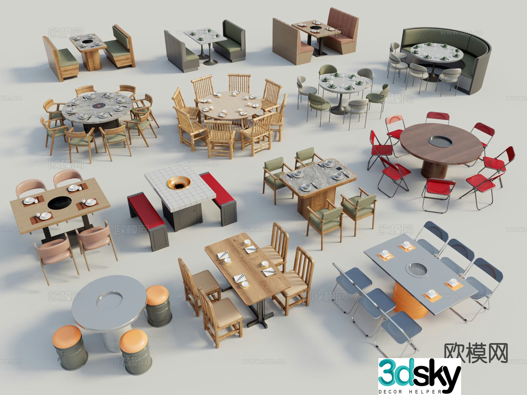 Modern hot pot table dining table and chairs 3d model