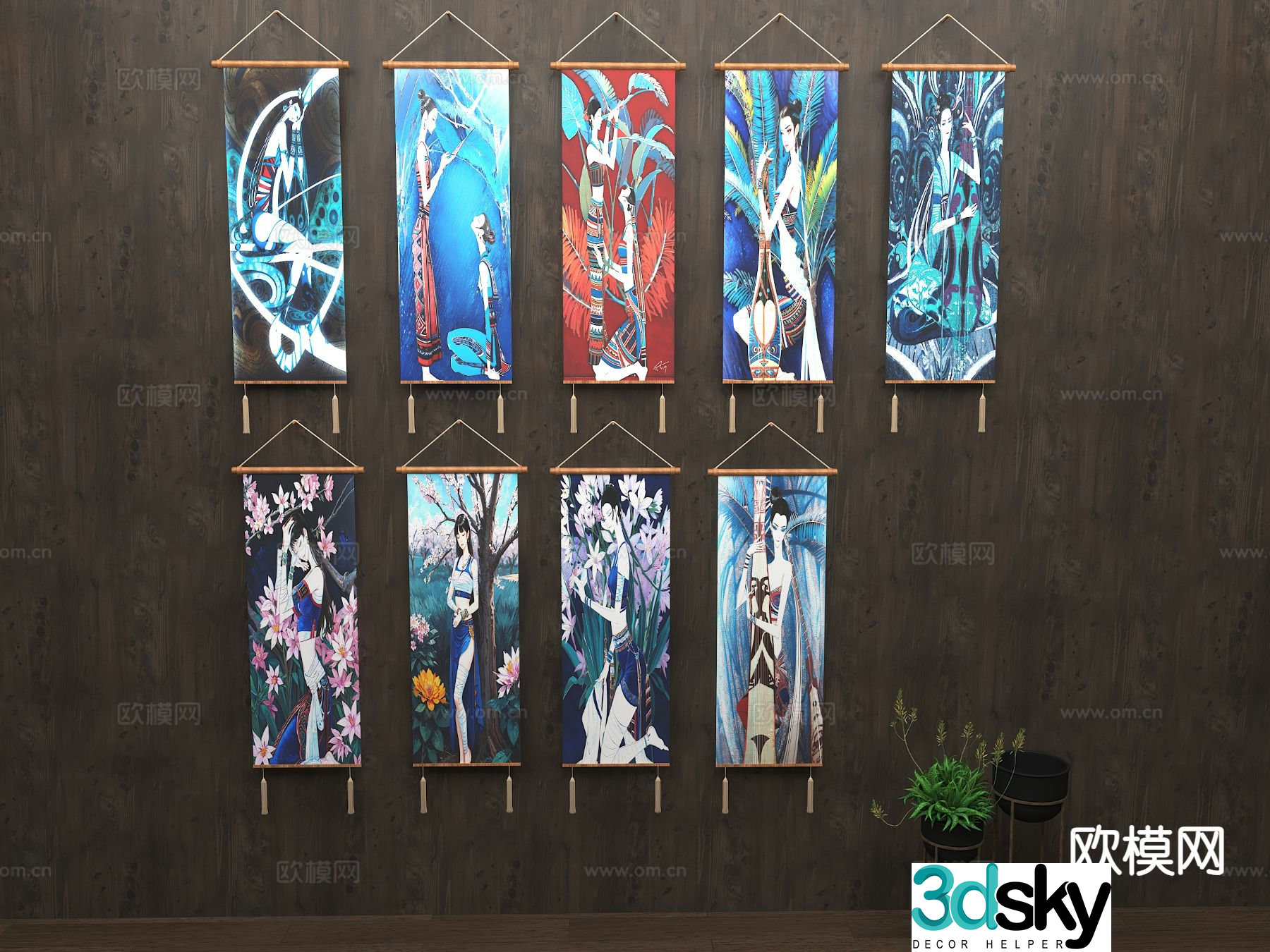 New Chinese style decorative painting portrait painting hanging painting 3D model