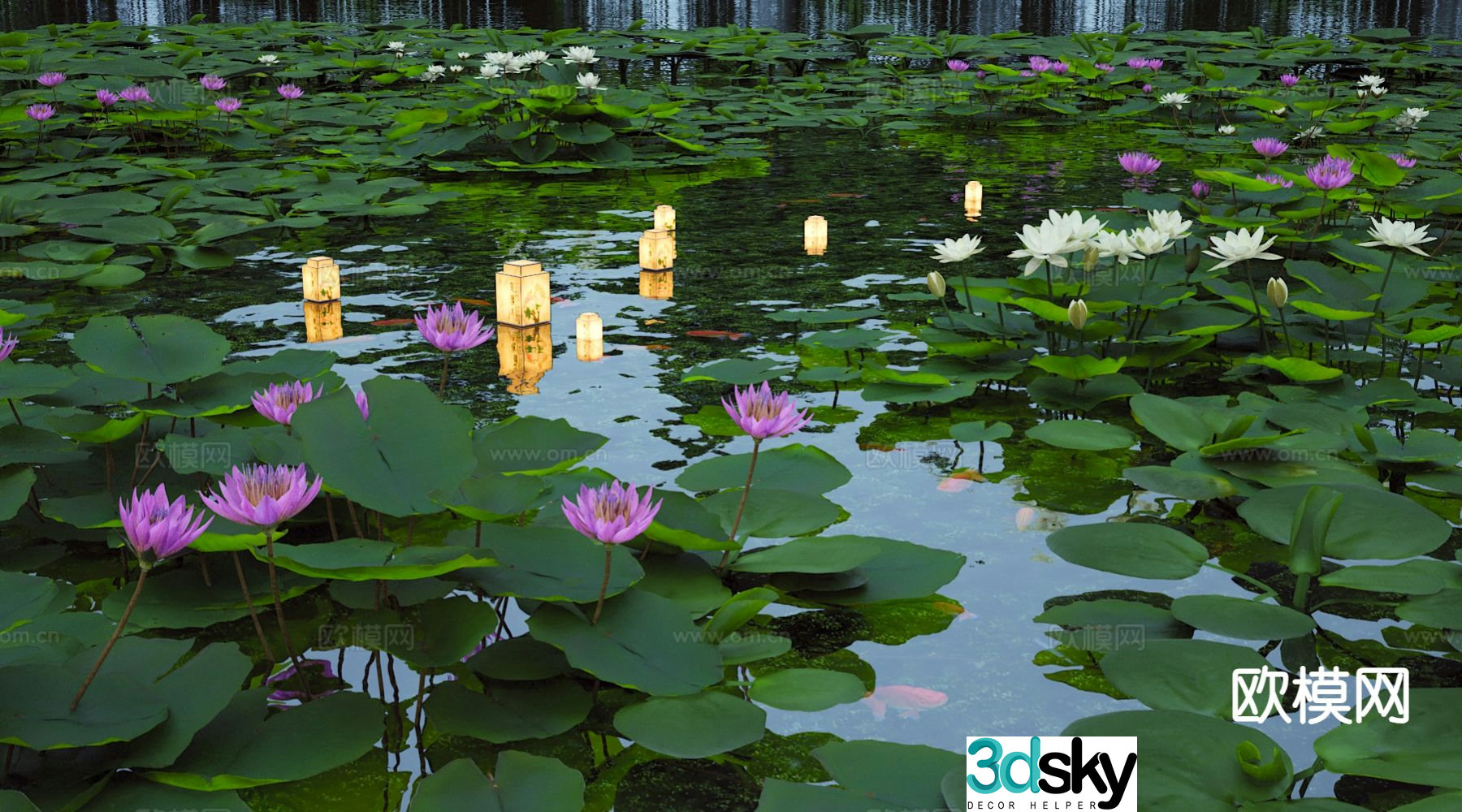 New Chinese style lotus pond lotus pond river lantern 3D model