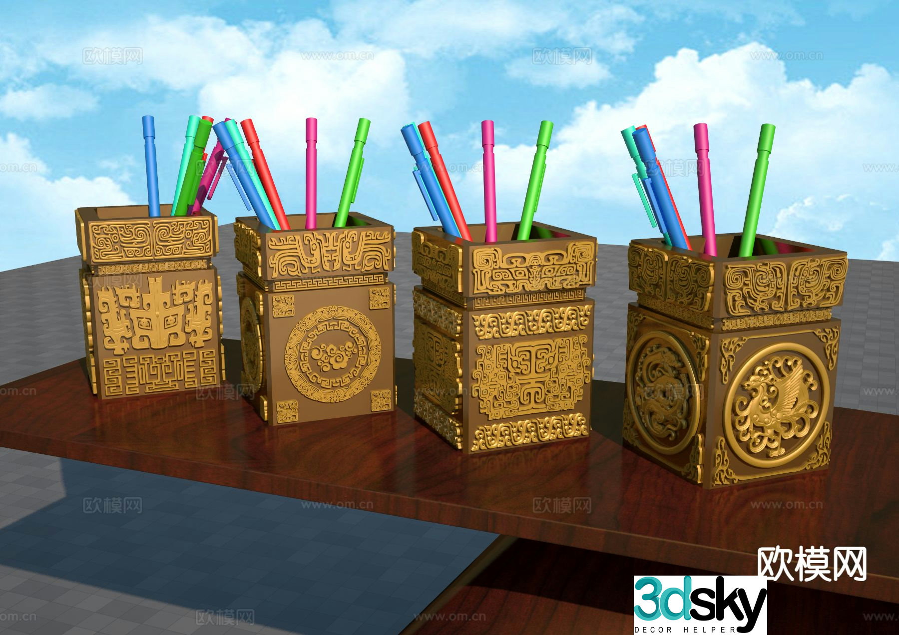 Taotie embossed pen holder metal pen holder oil pen 3D model