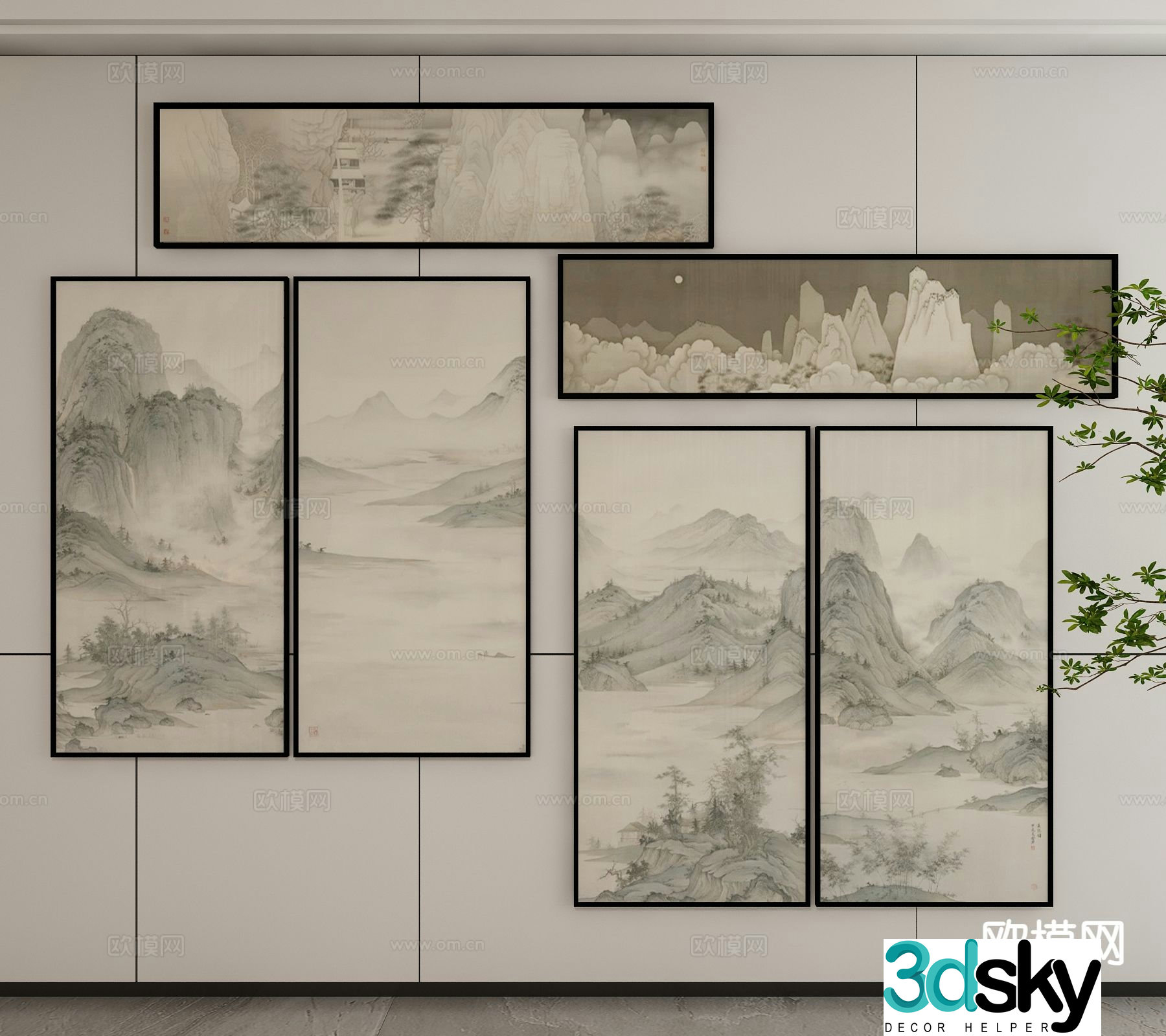 New Chinese style ink painting landscape painting decorative painting 3D model