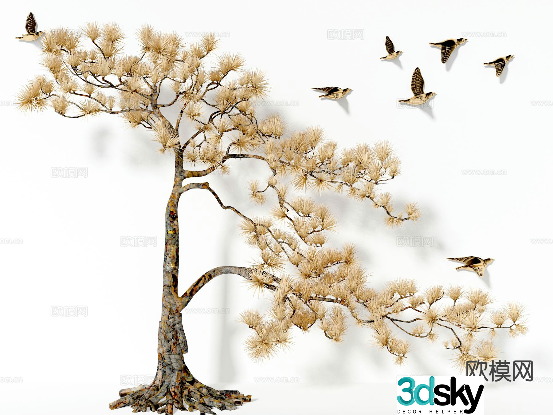 New Chinese style decorations pine tree ornaments flying birds 3D model