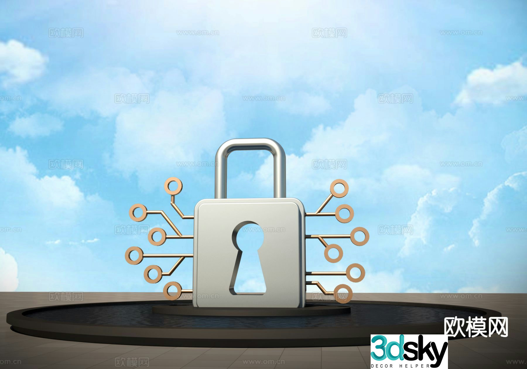 Cloud Security Lock Sculpture Landscape Sculpture 3D Model