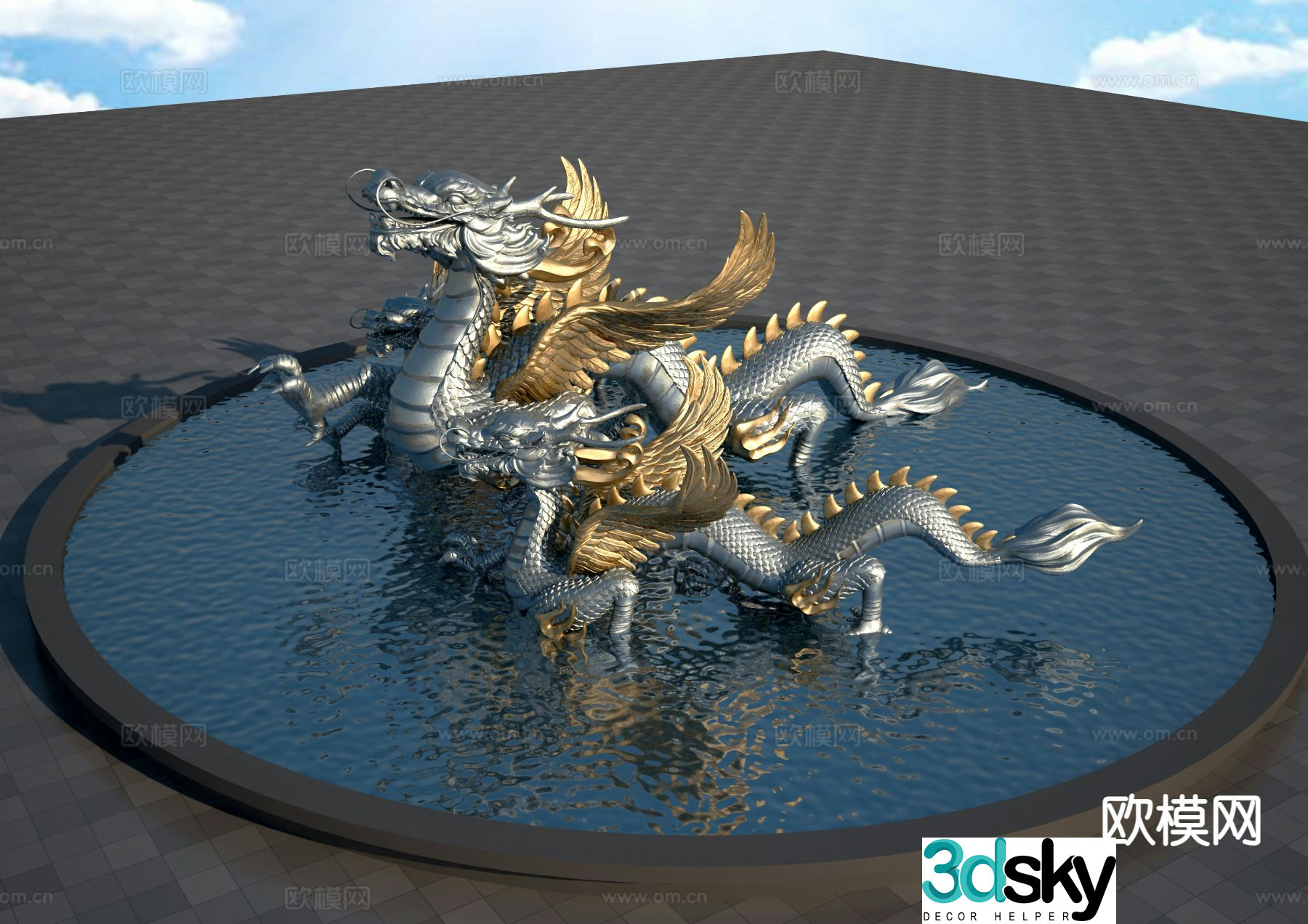 Chinese style golden dragon sculpture flying dragon sculpture 3d model