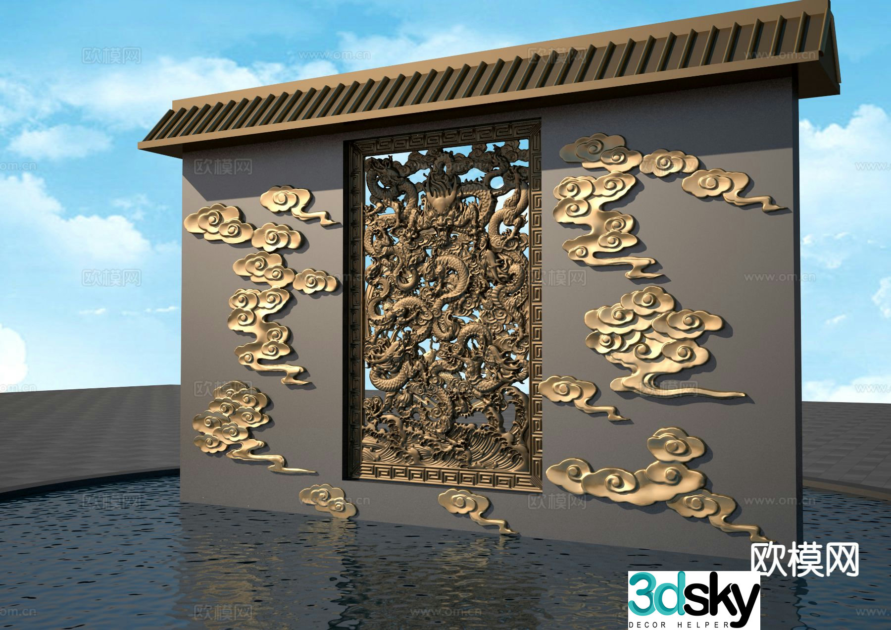 New Chinese style landscape wall cloud pattern Kowloon relief wall 3D model