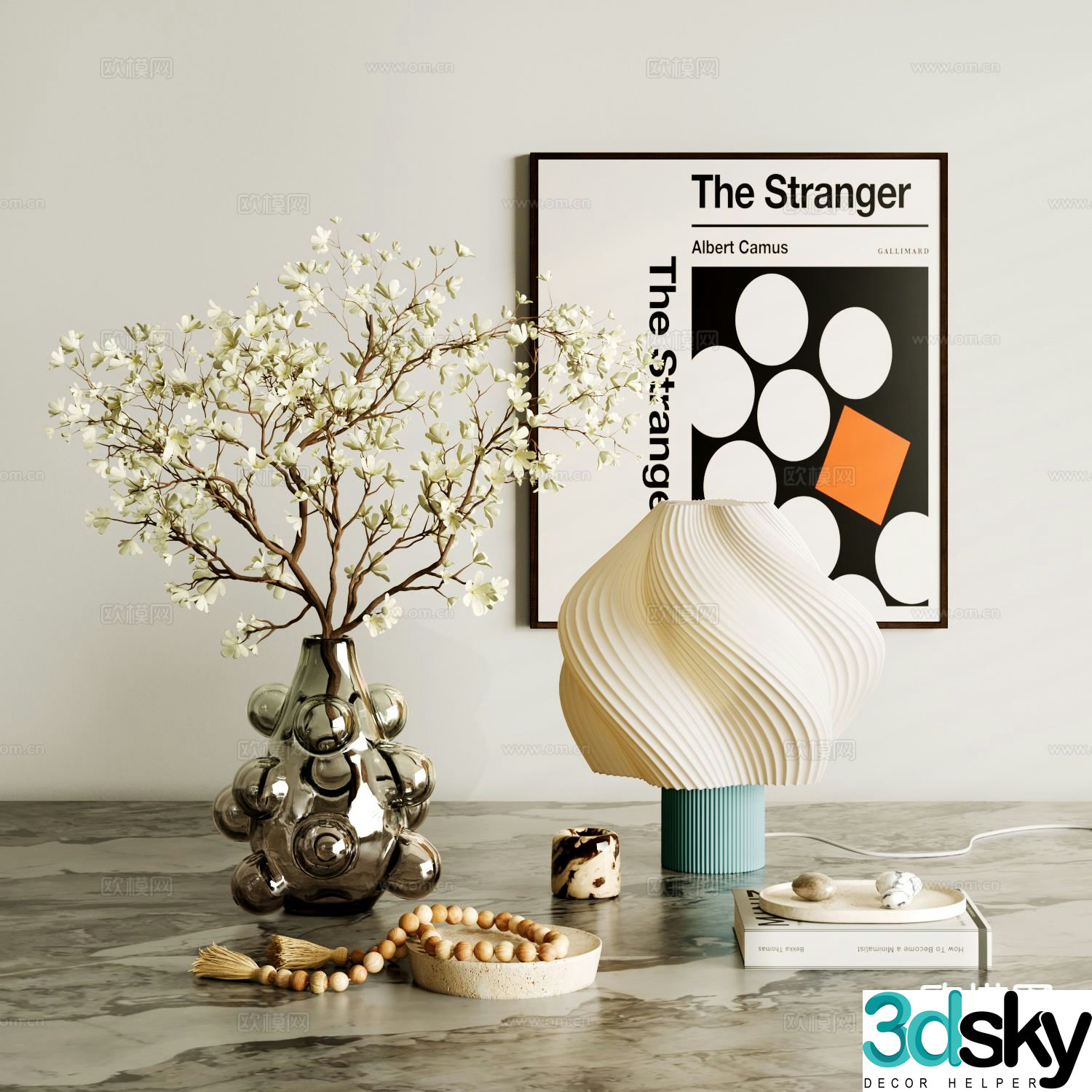 French decorative ornaments books accessories floral arrangements table lamp 3D model