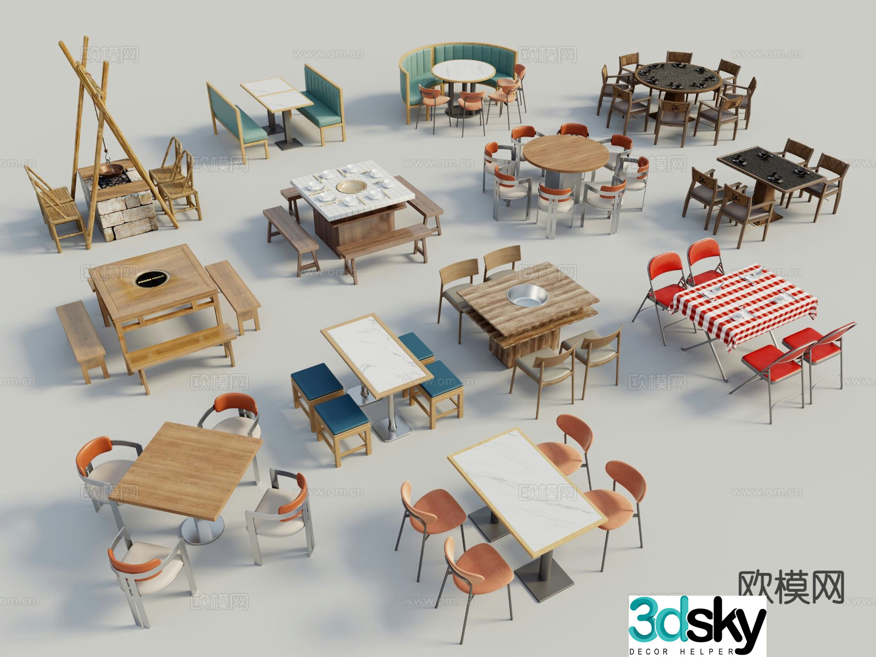 Modern hot pot table dining table and chairs 3d model