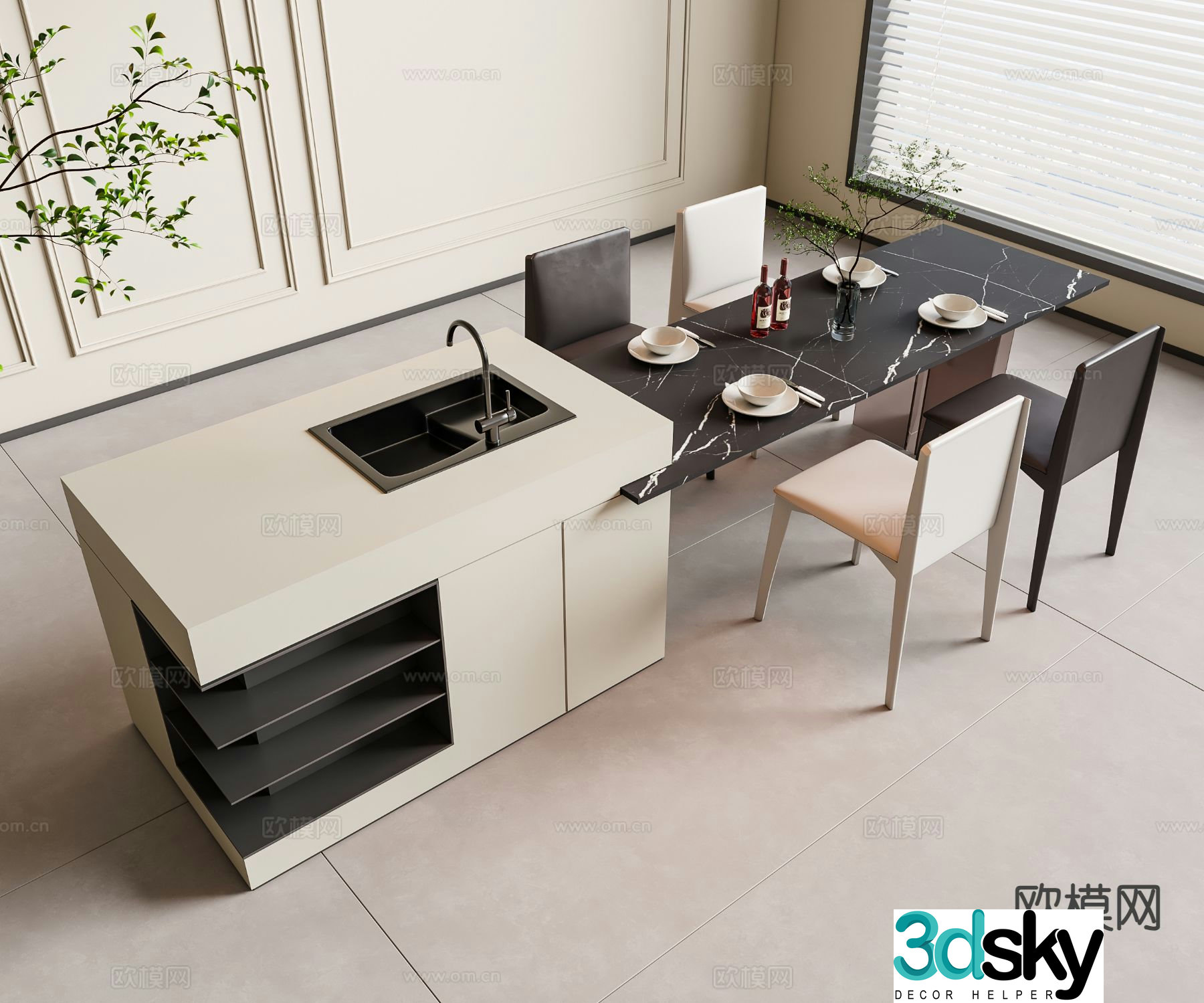 Modern island table dining table and chairs 3d model