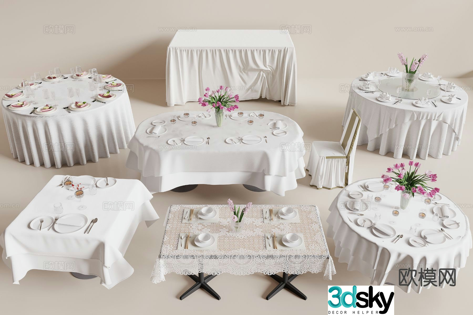 Modern dining table and chairs banquet table tablecloth 3d model