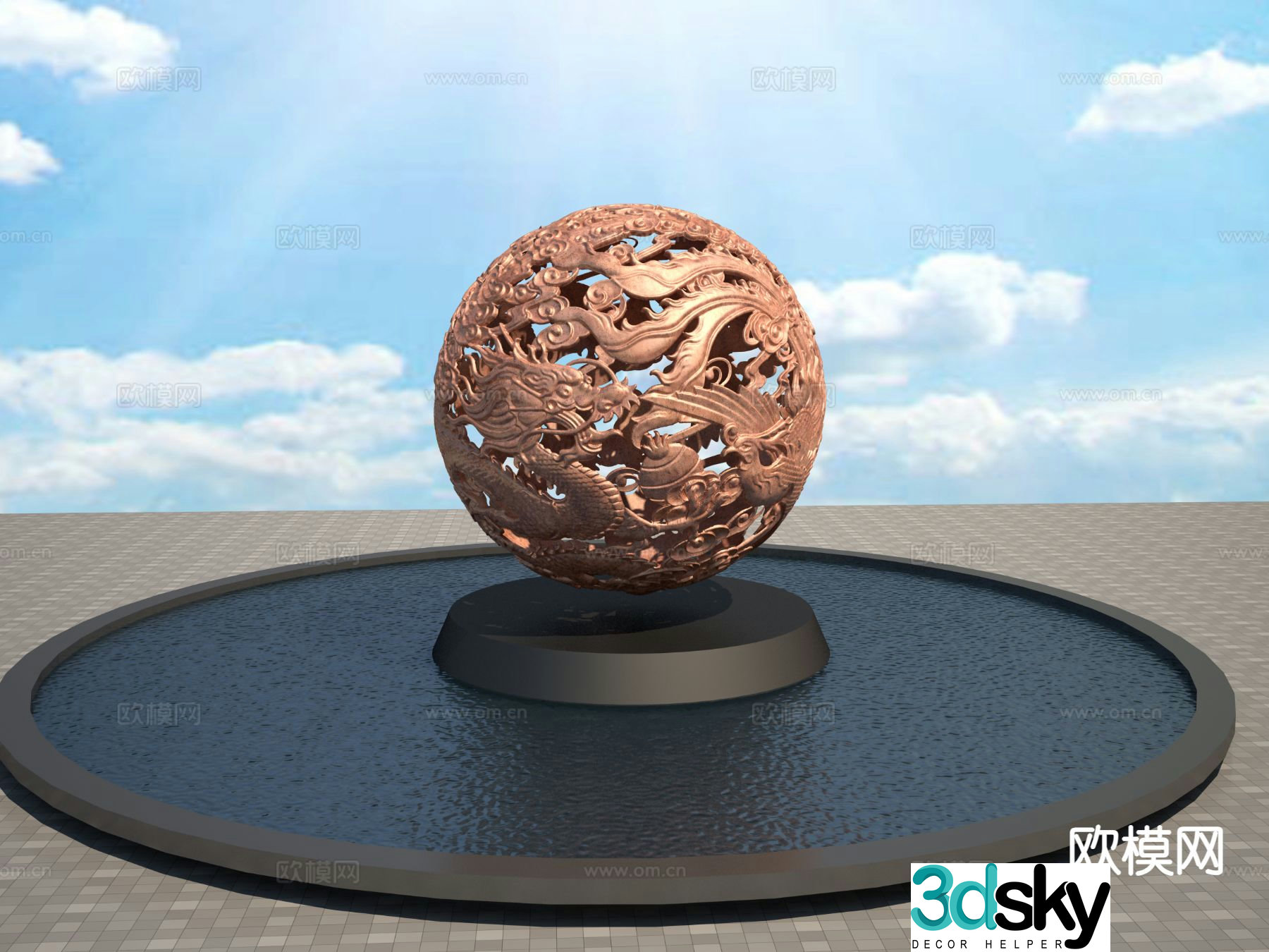 Dragon and Phoenix Sculpture Feng Shui Ball Sculpture 3D Model