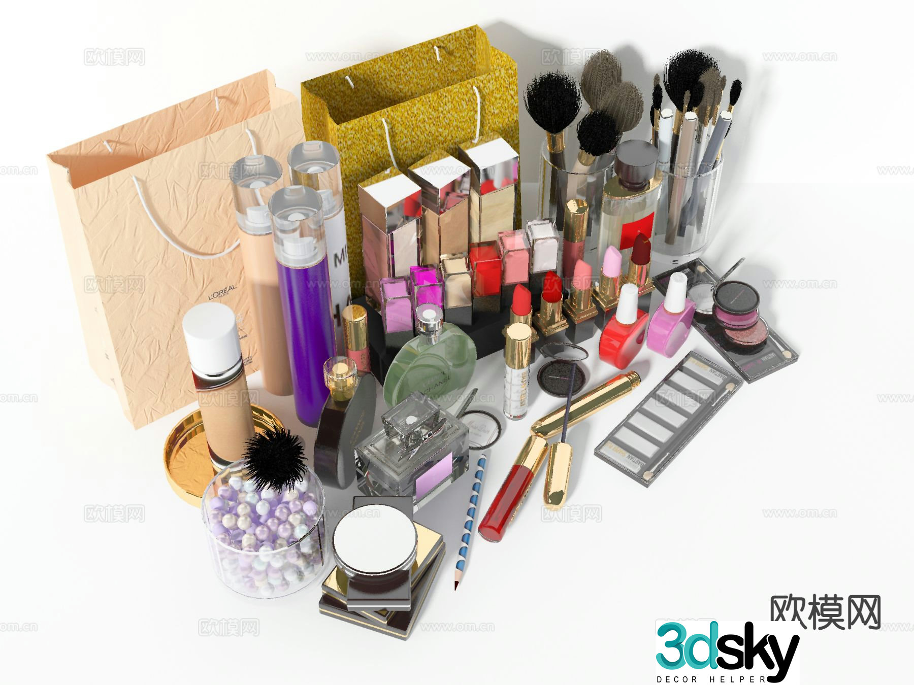 Cosmetics lip glaze makeup brush eyebrow pencil 3d model