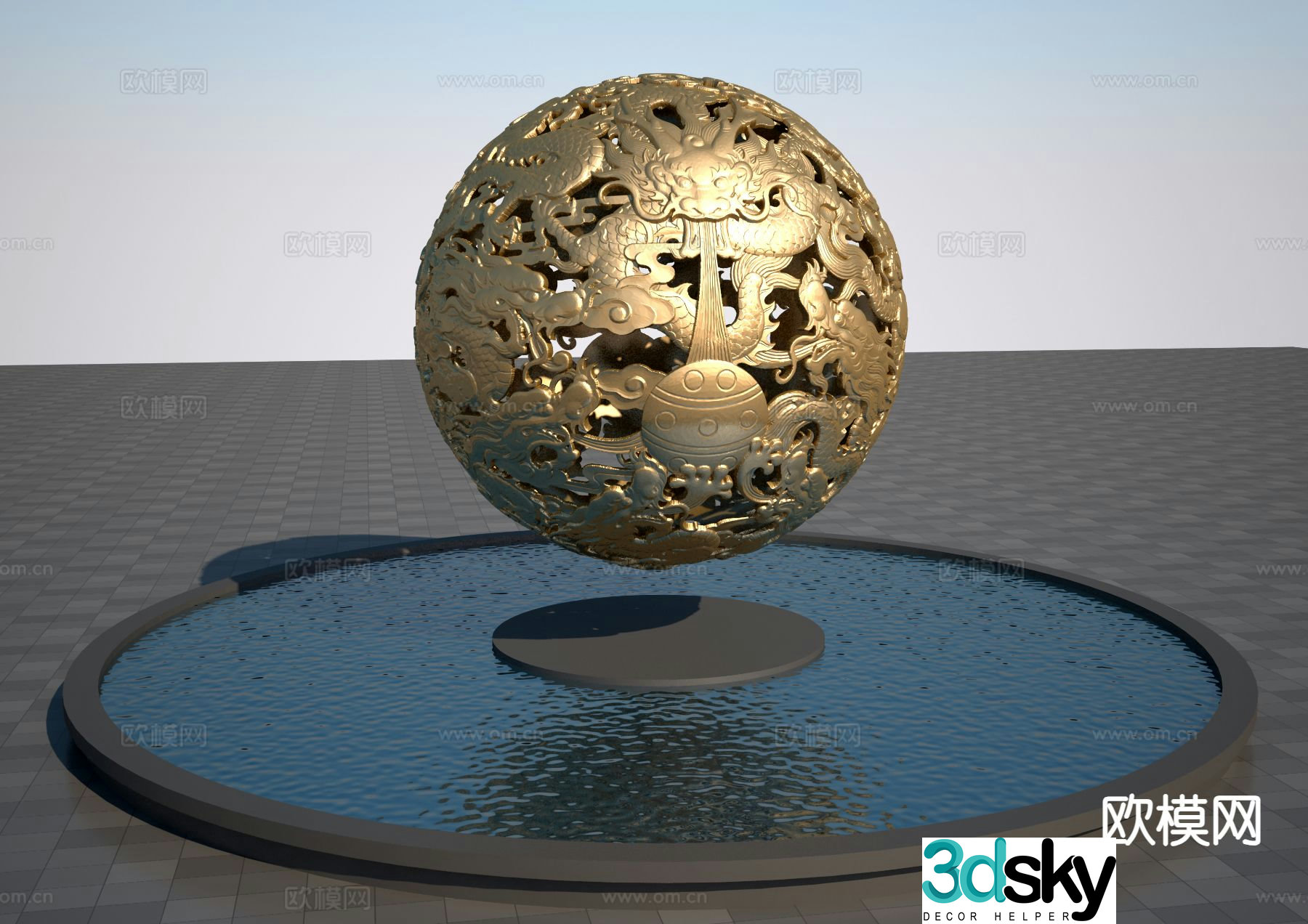 Chinese style double dragon playing with beads Feng Shui ball sculpture 3D model