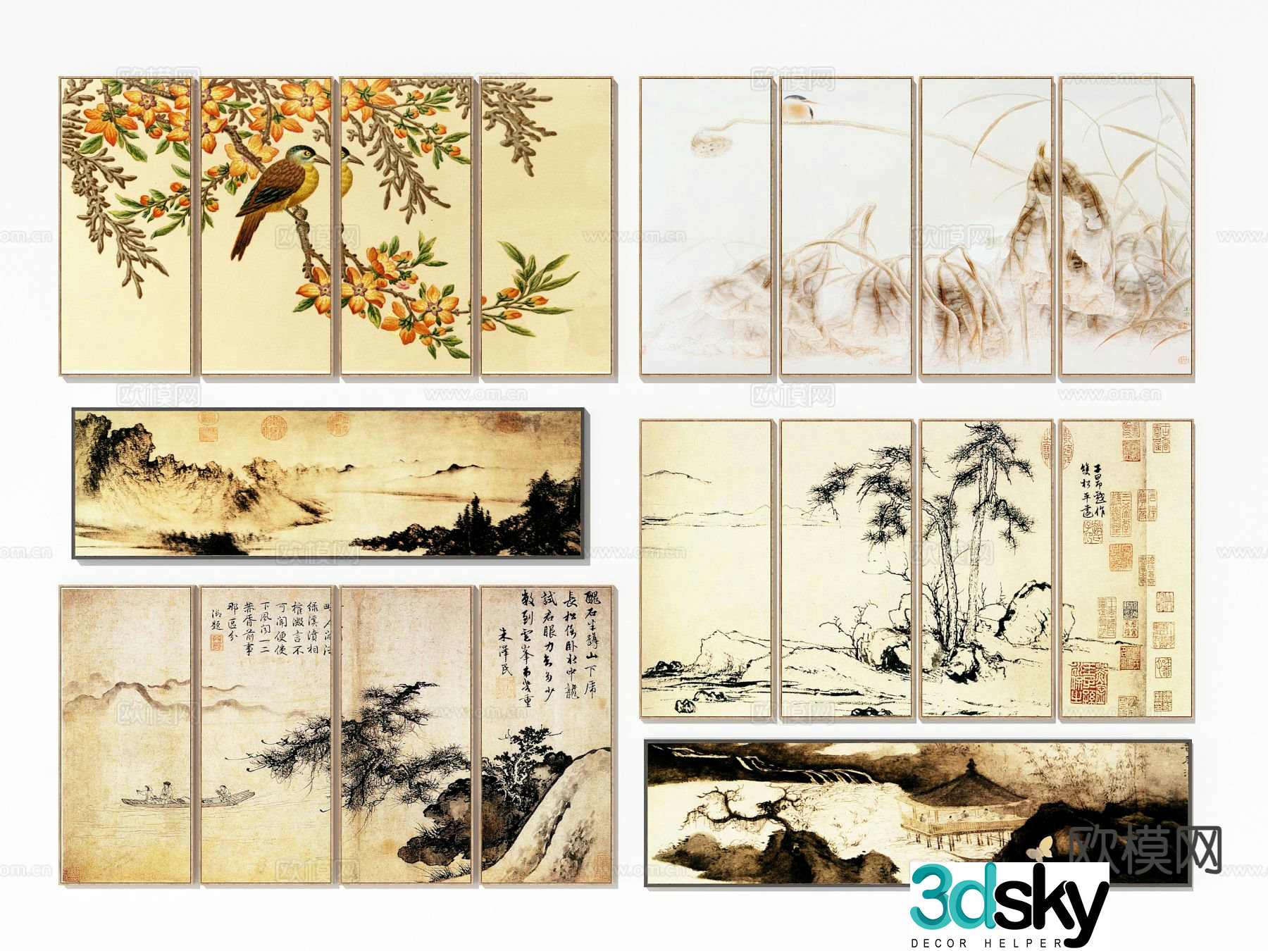 Chinese four-part flower and bird painting landscape hanging painting 3D model