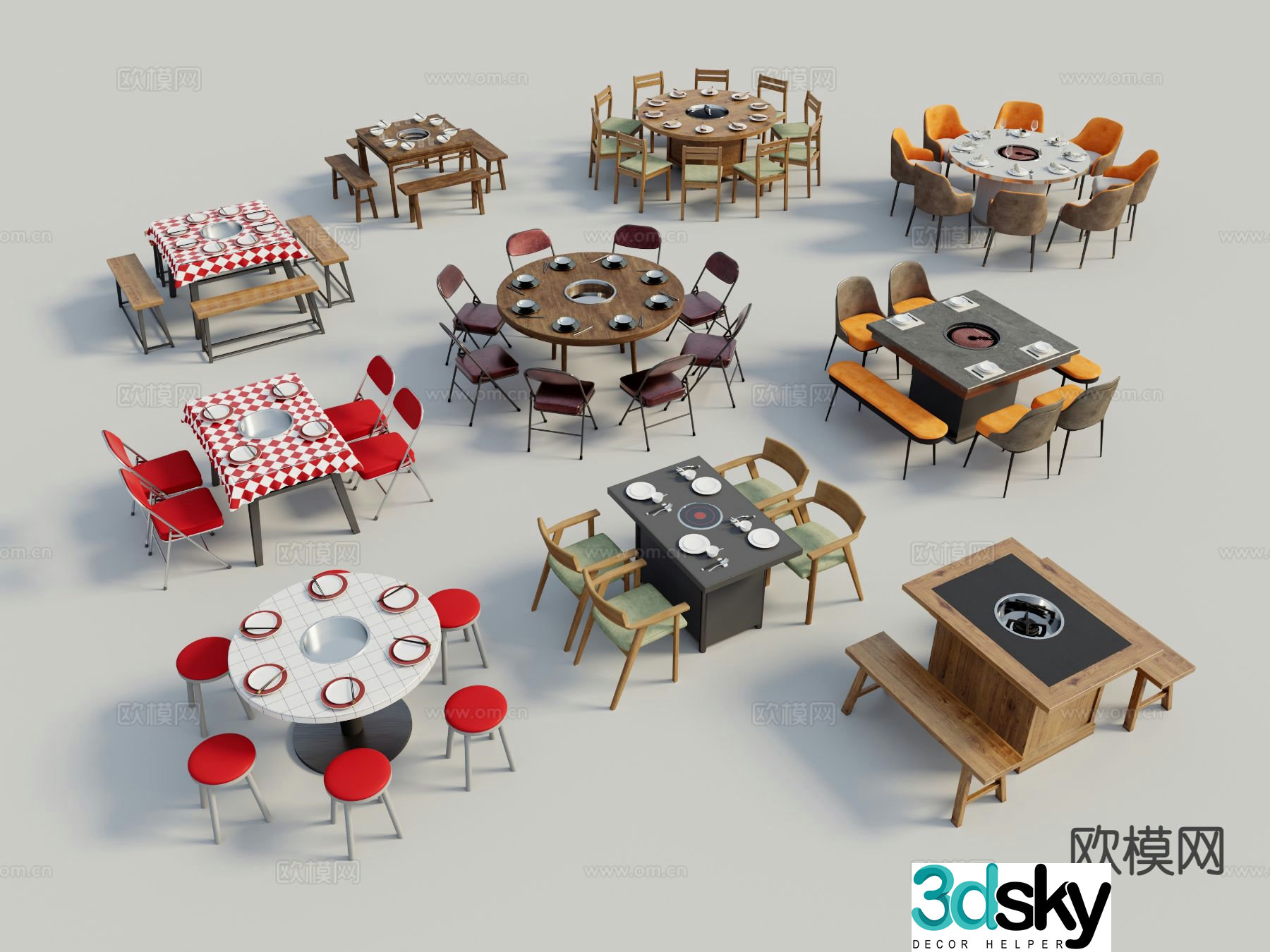 Modern hot pot table dining table and chairs 3d model