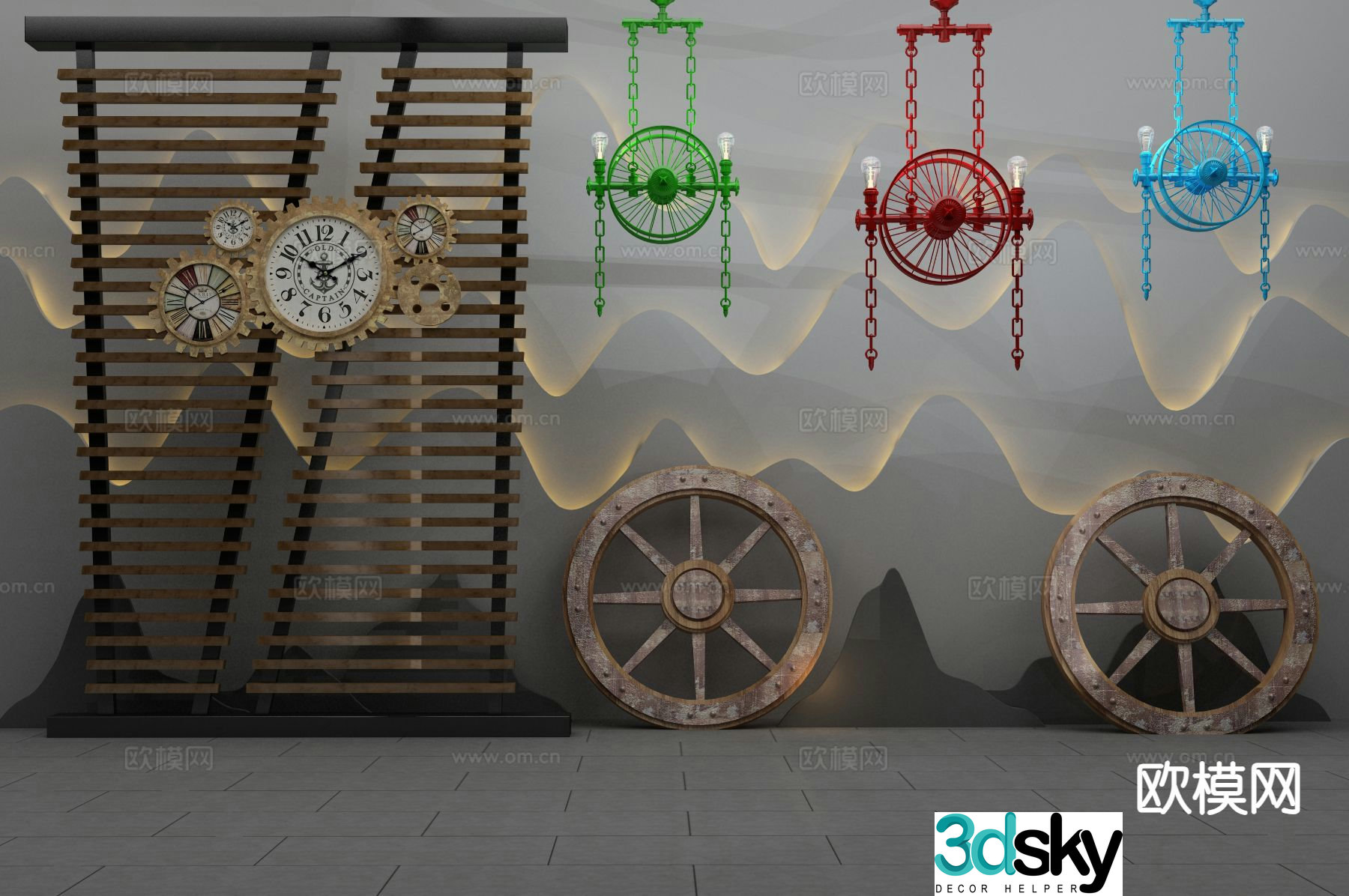 Industrial windwheel chandelier wall clock 3d model