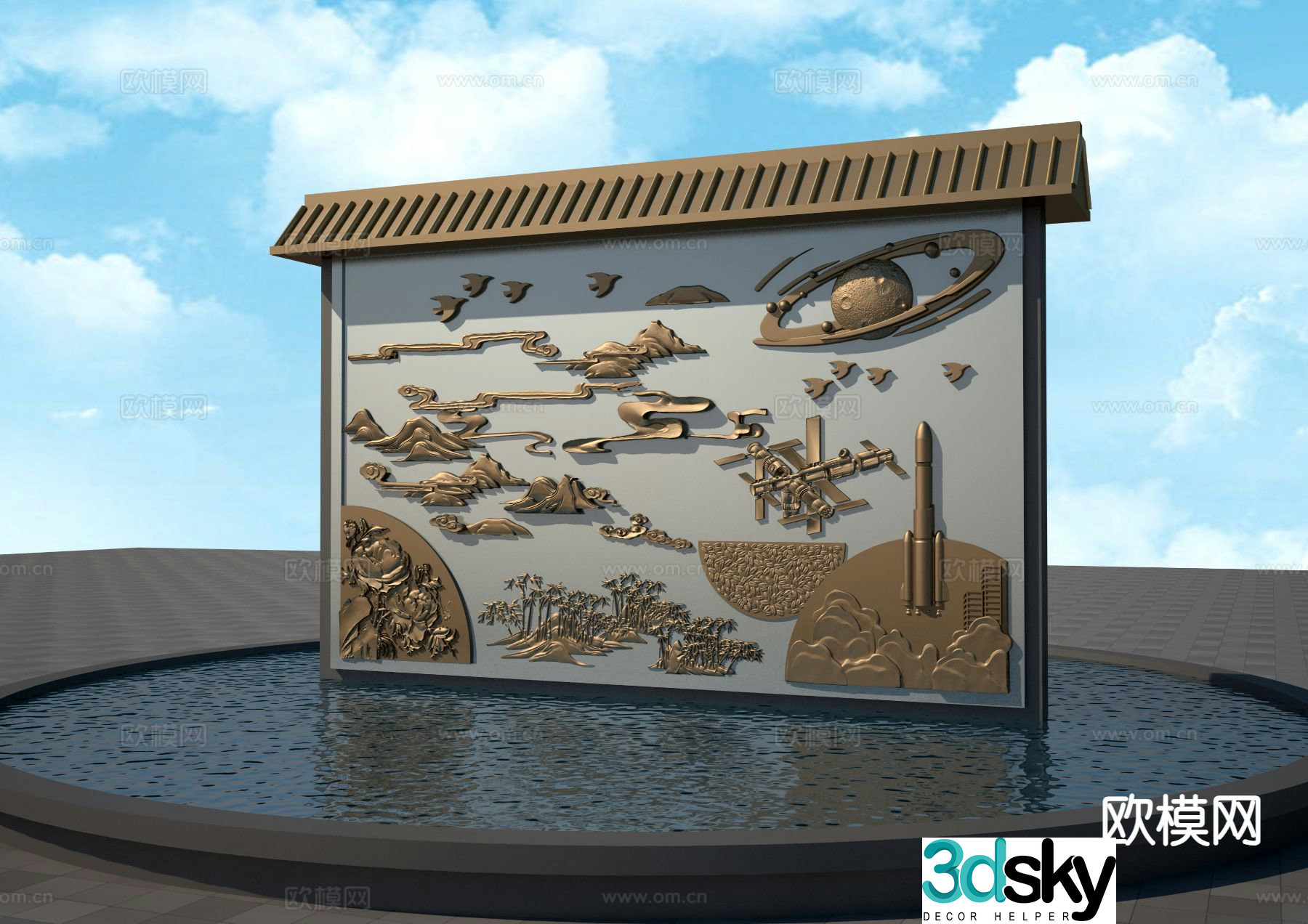 New Chinese style landscape wall relief wall 3D model