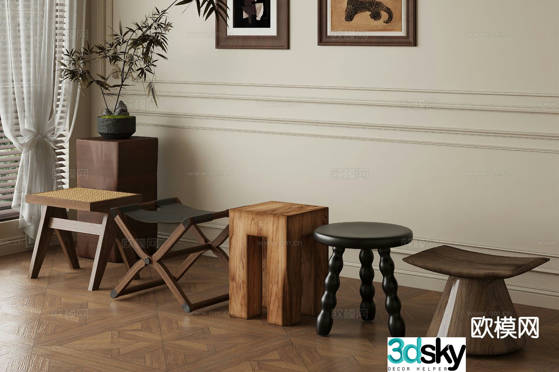 Medieval style stool round stool bar stool cosmetic stool 3D model