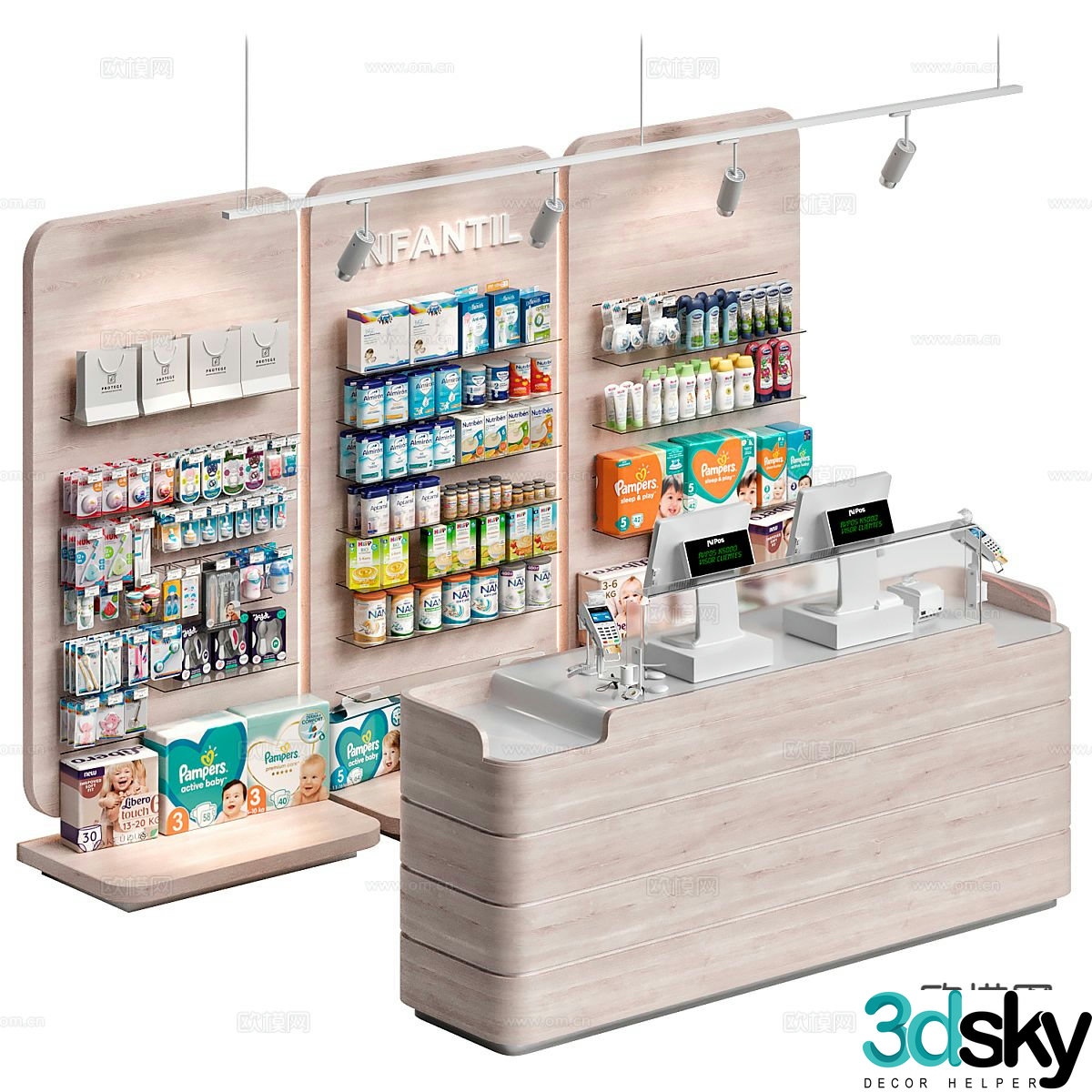 Mother and baby store display rack cashier 3D model